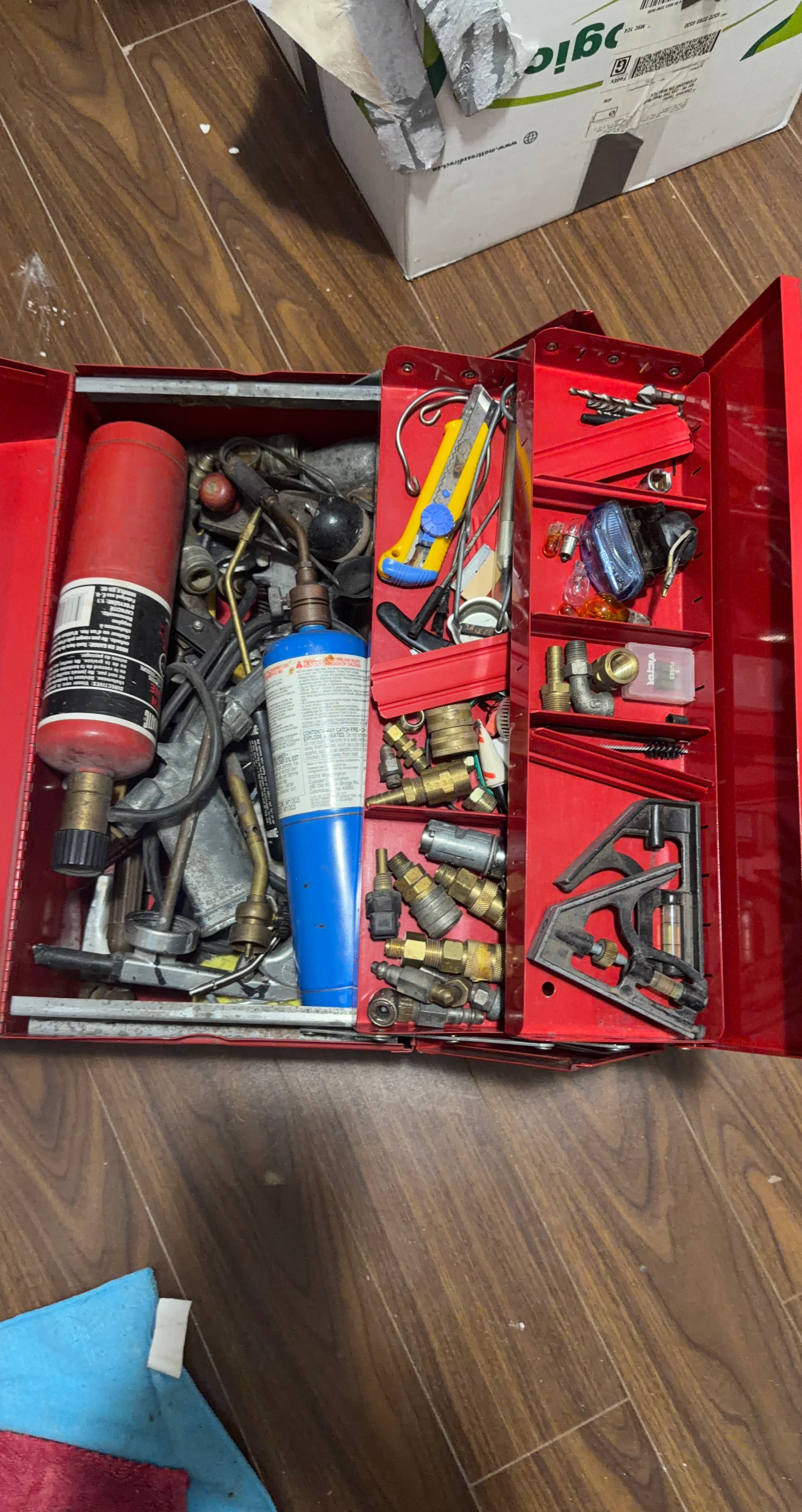 Tool Red Metal Toolbox with Assorted Plumbing and Torch Supplies