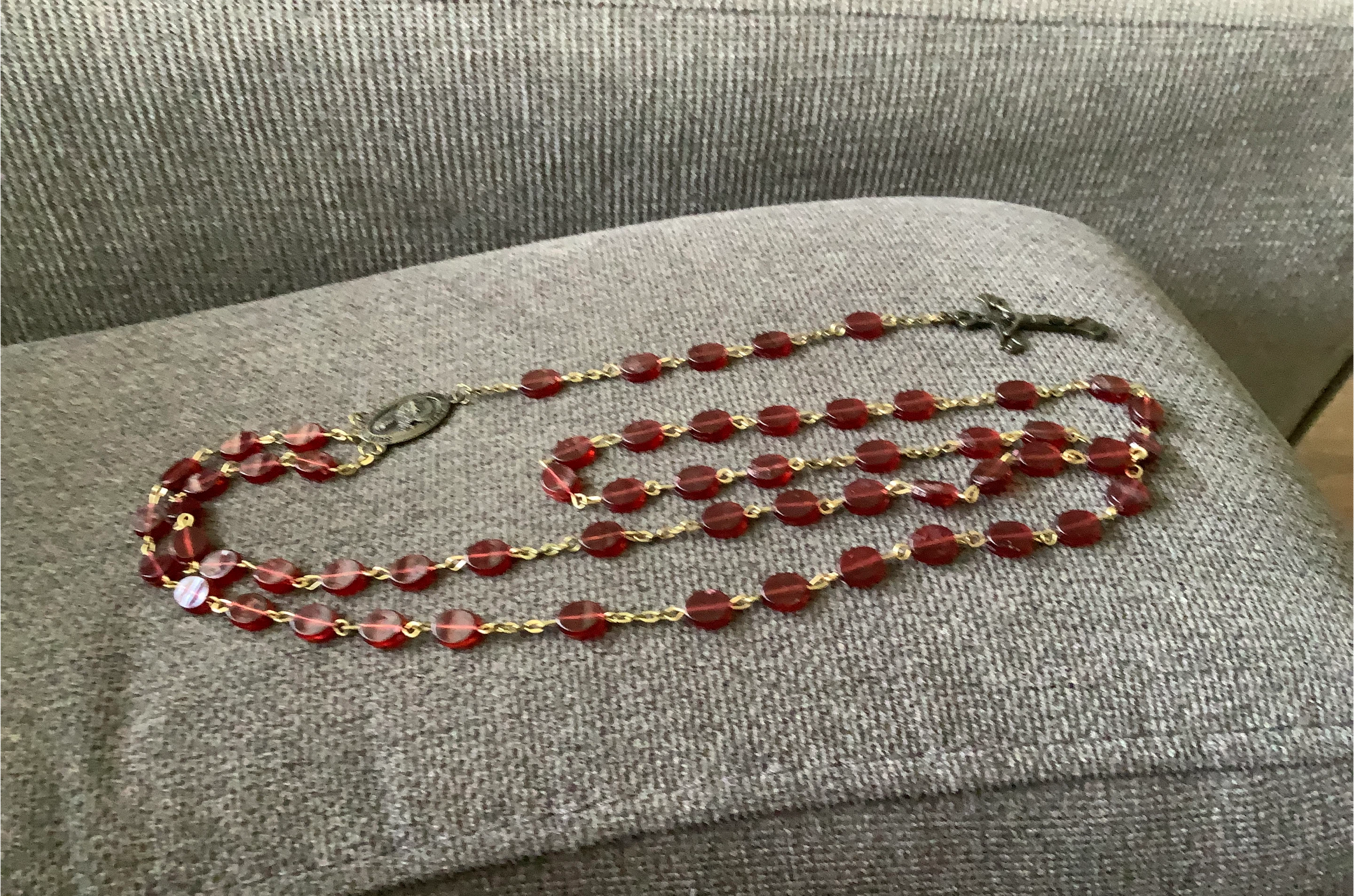 Red Glass Rosary Beads with Cross