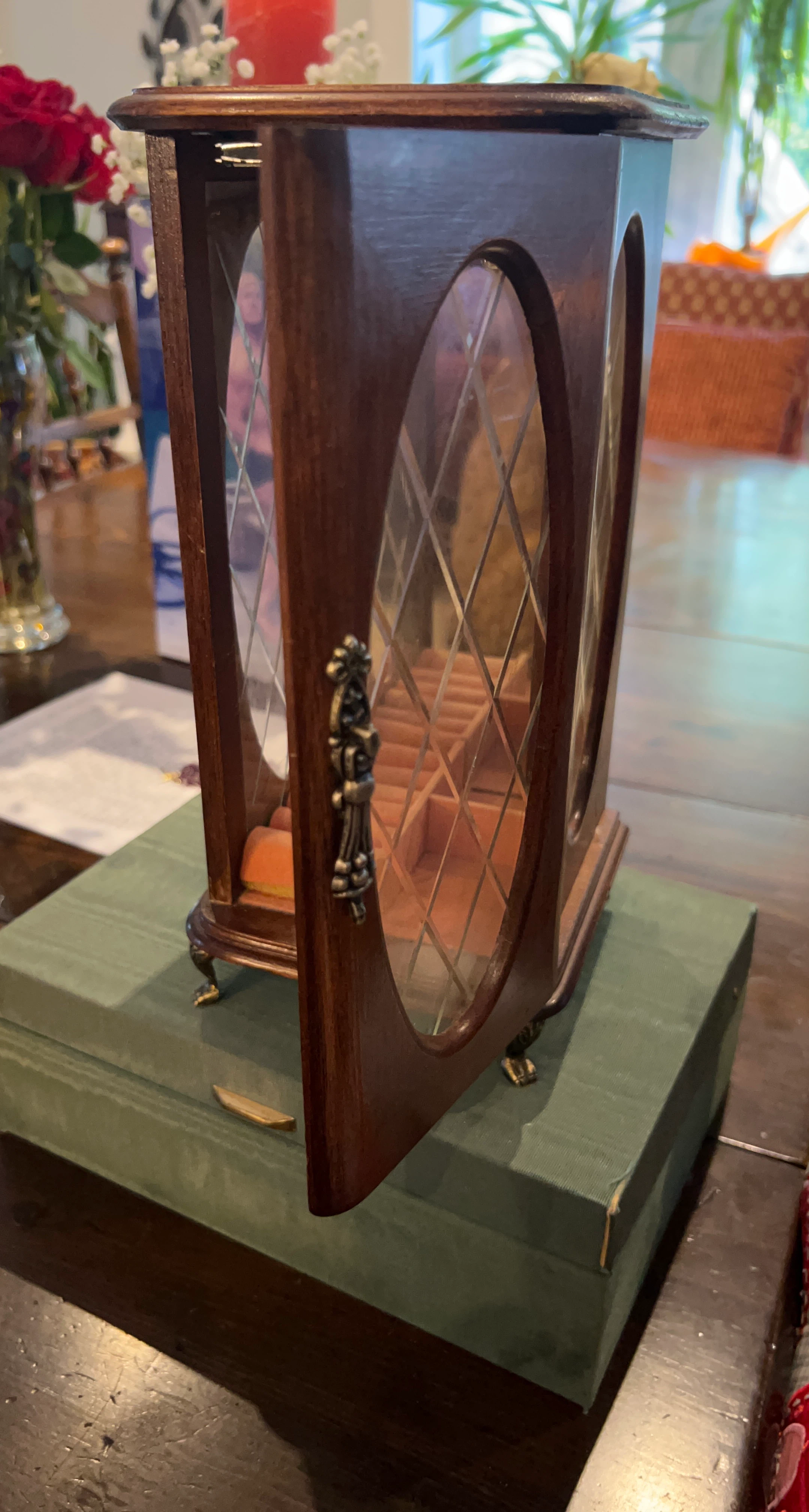 Vintage Wooden Jewelry Box with Glass Doors