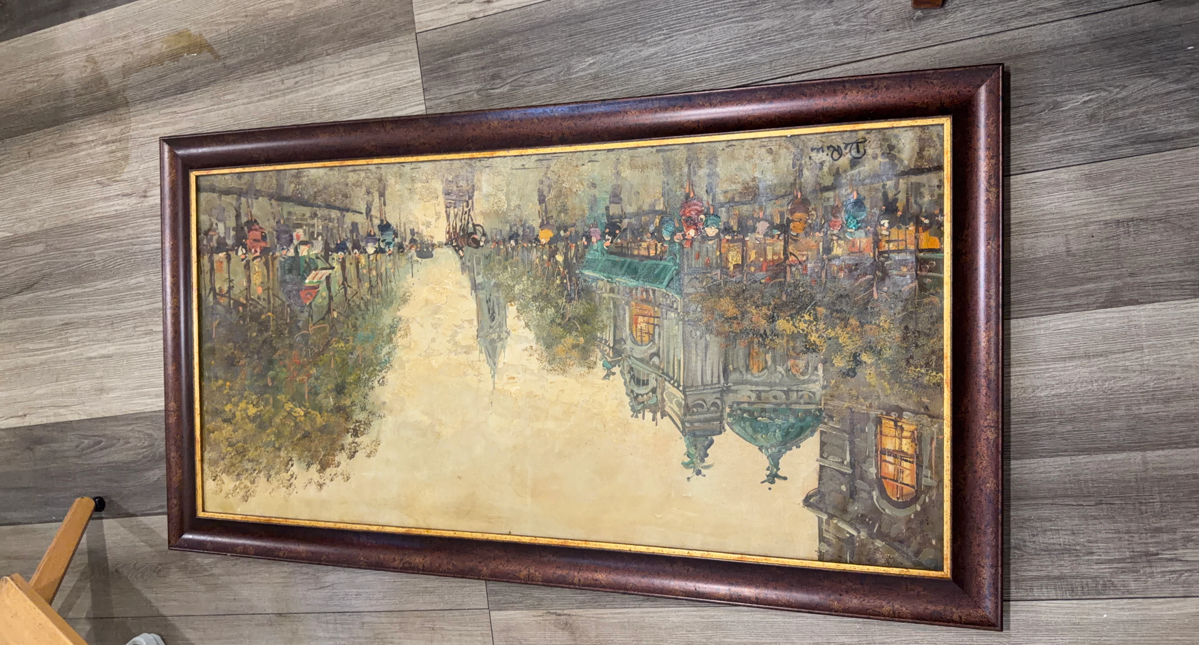 Vintage Framed Oil Painting of Parisian Street Scene