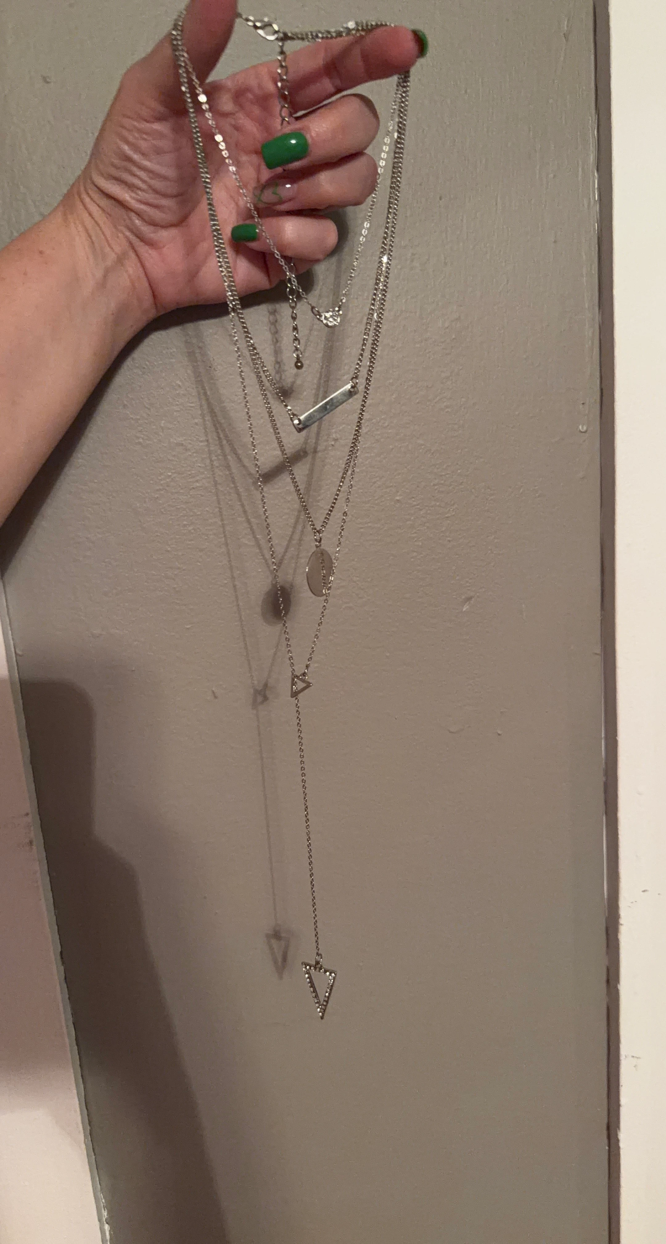 Silver layered necklace with bar and triangle charms