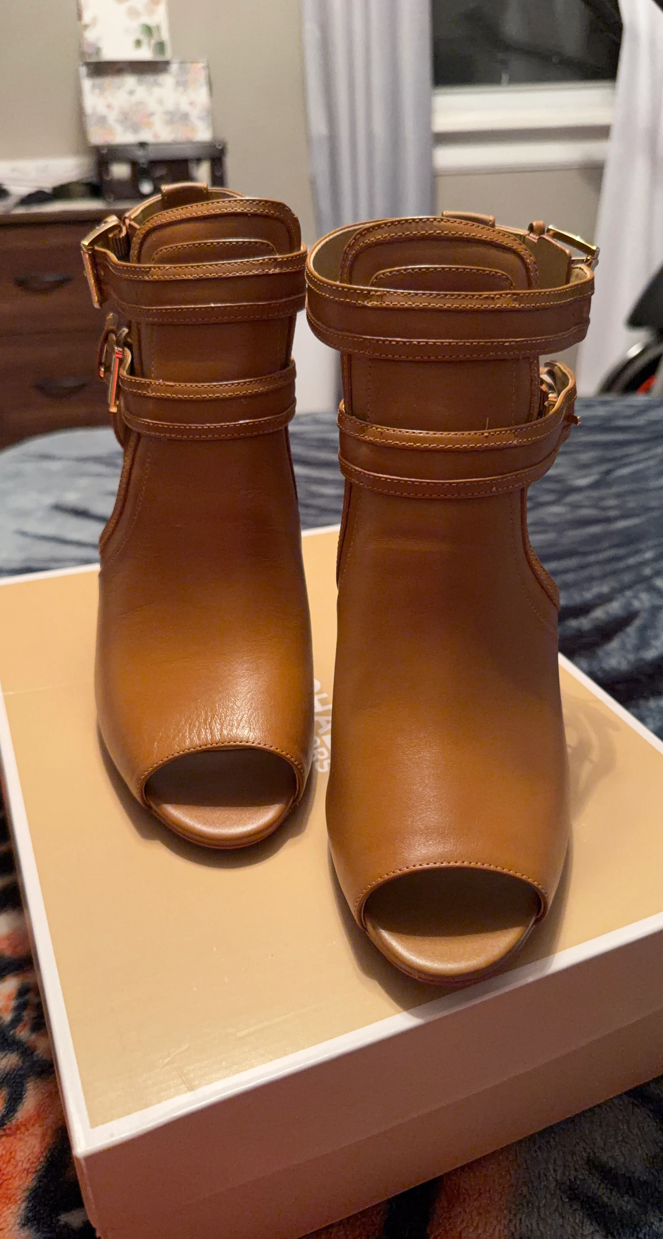Michael Kors Tan Leather Peep Toe Ankle Boots