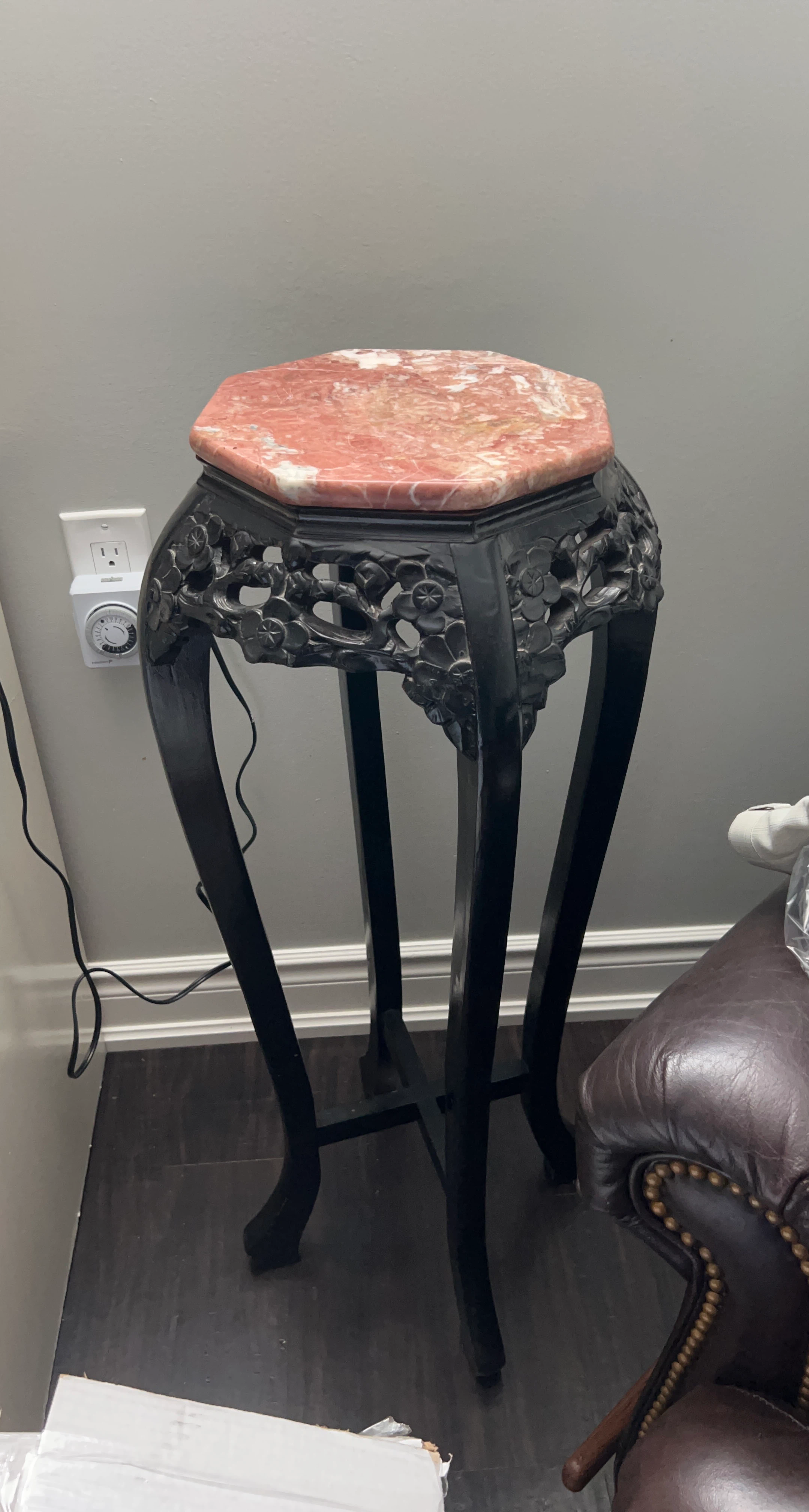 Vintage Carved Wood Pedestal Plant Stand with Marble Top
