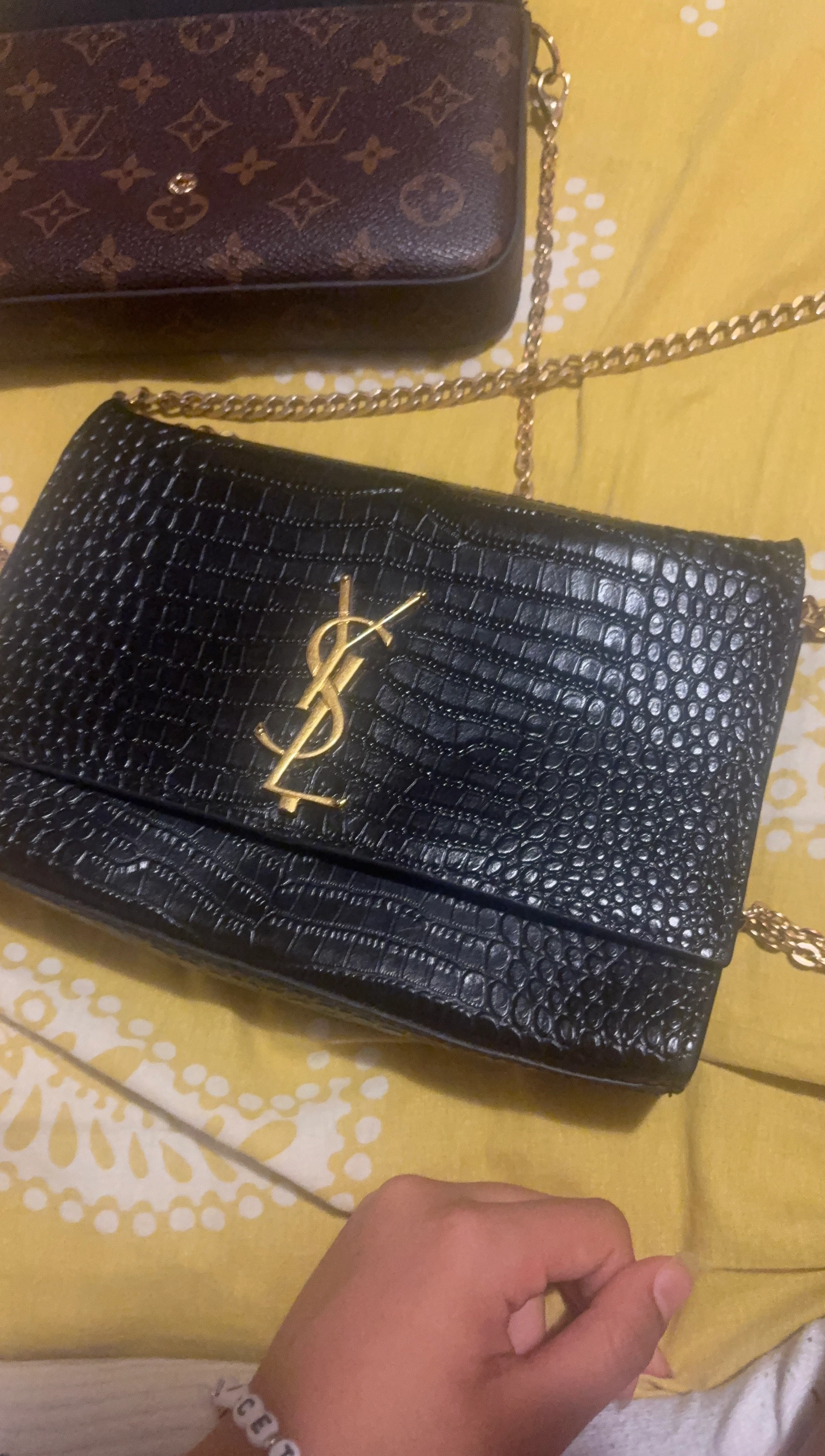 Black Croc-Embossed Clutch with Gold YSL Logo
