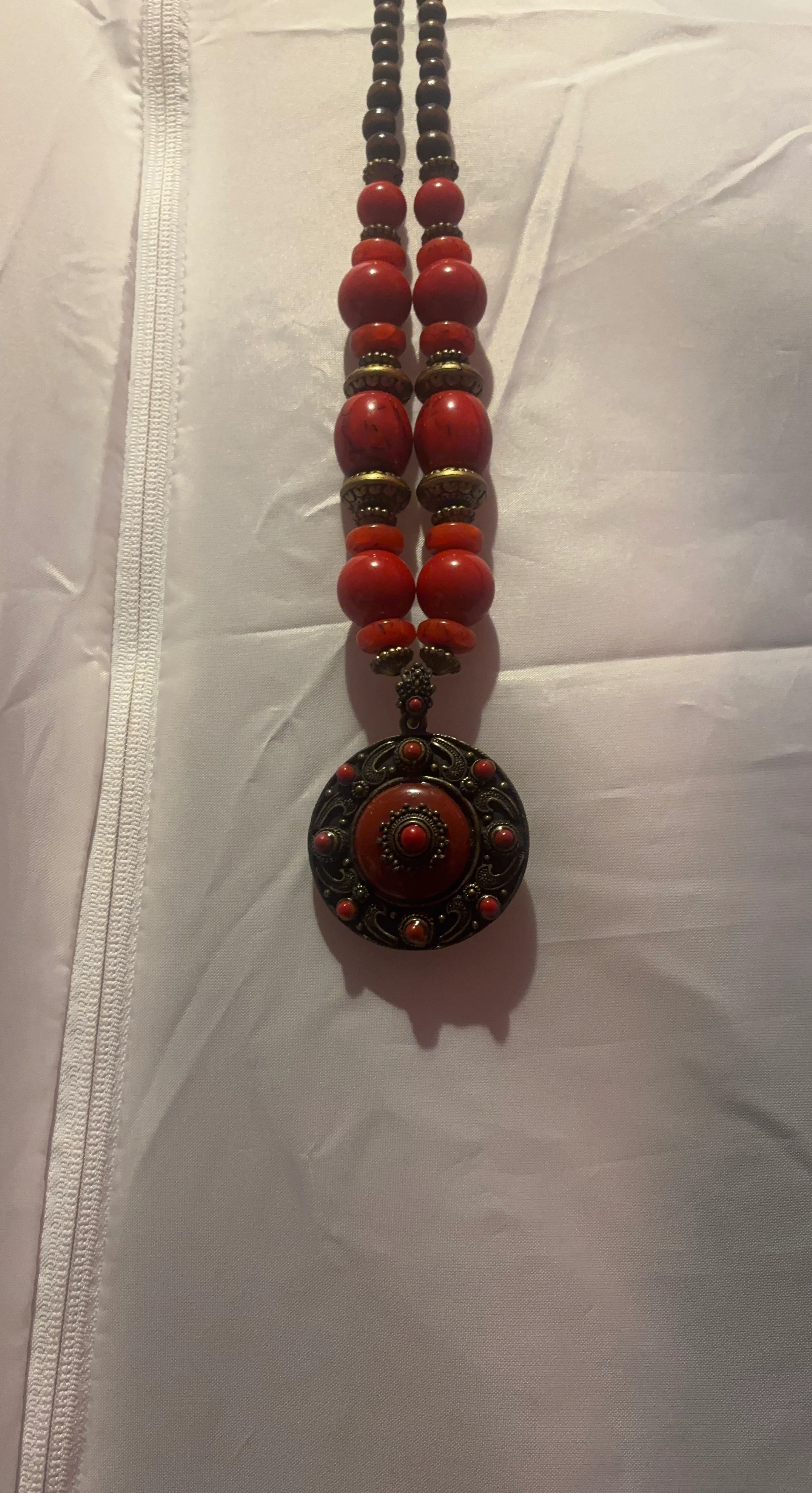 Red Stone and Wood Beaded Necklace