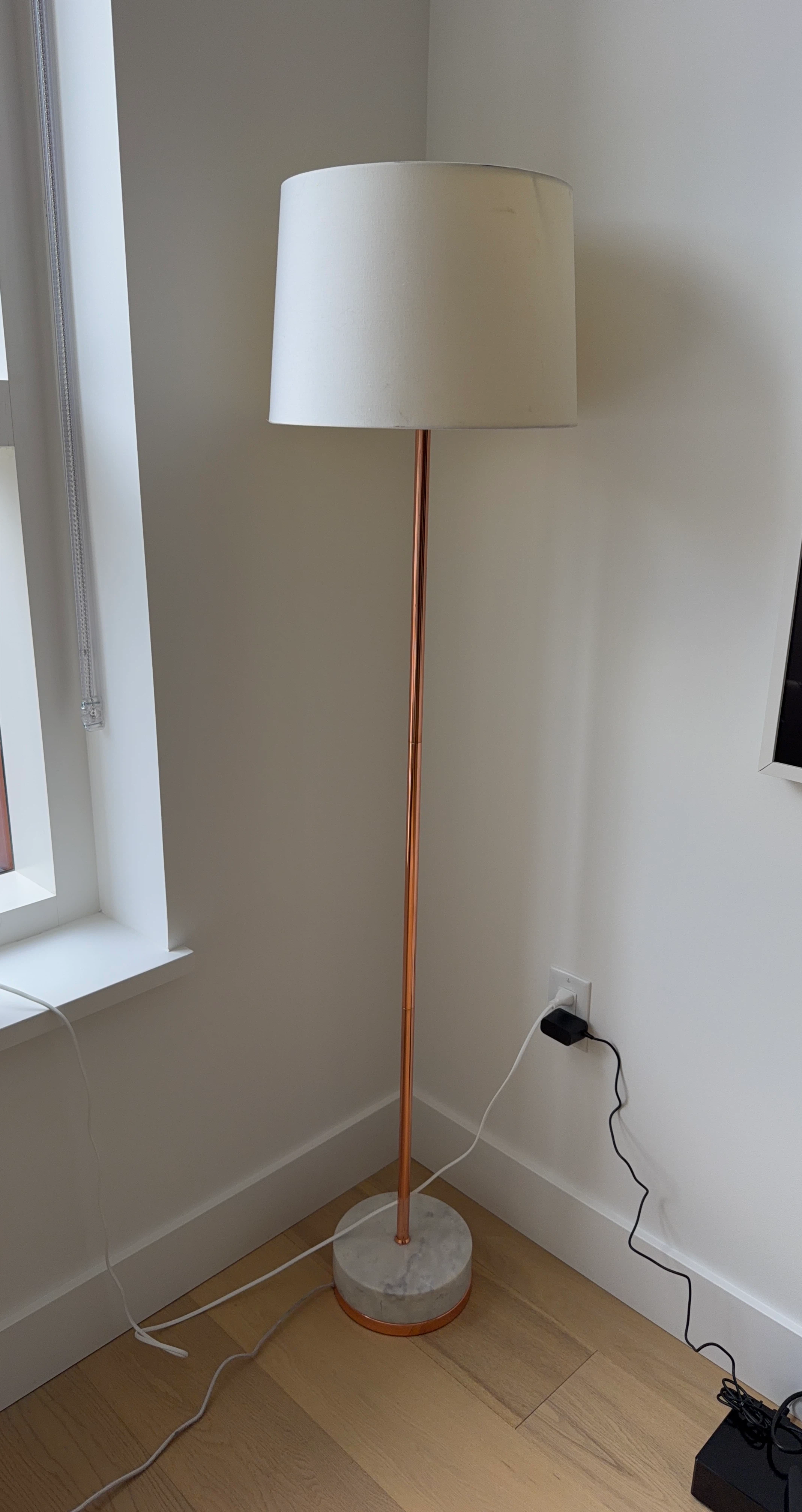 Floor Lamp with Rose Gold Pole, marble base and White Shade