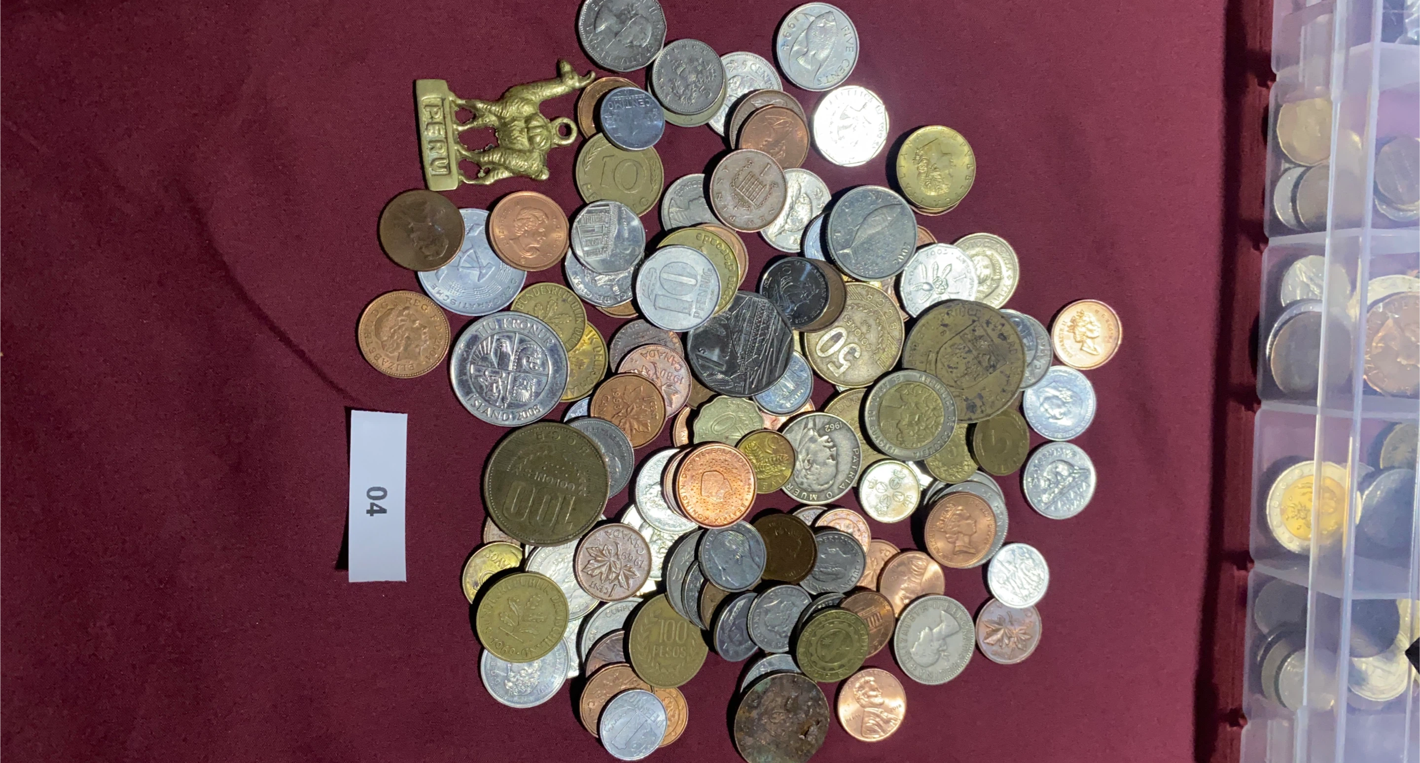 Mixed Collection of World Coins and Peru Souvenir Charm