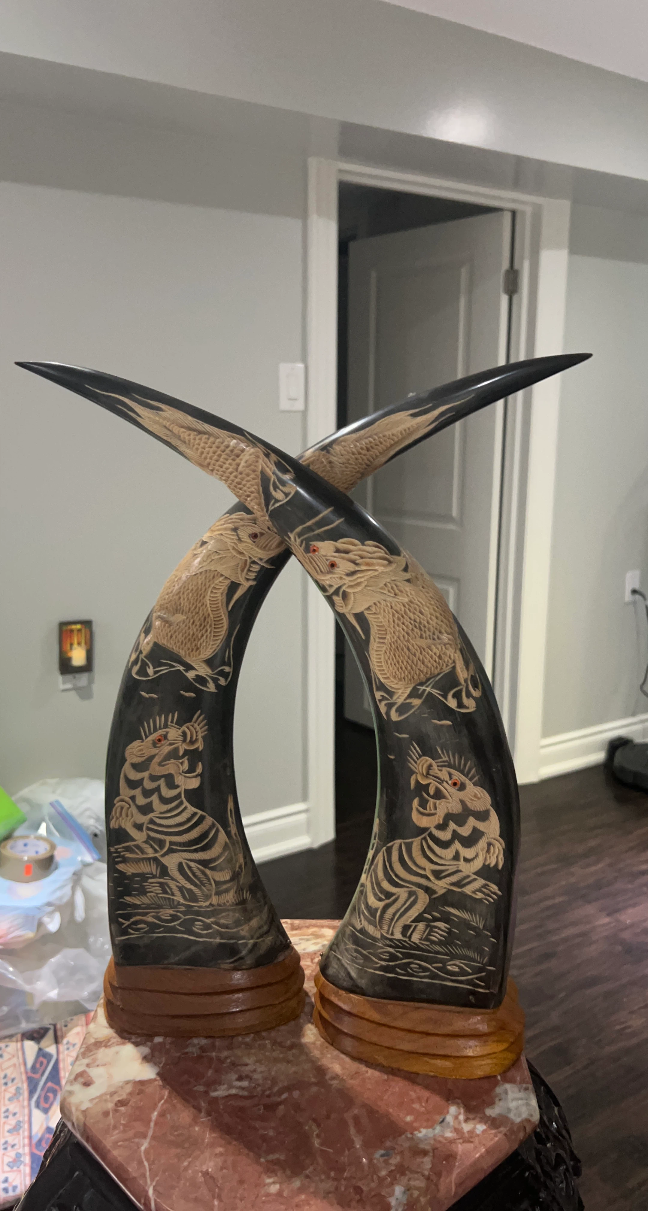 Carved Horns with Dragon and Tiger Design