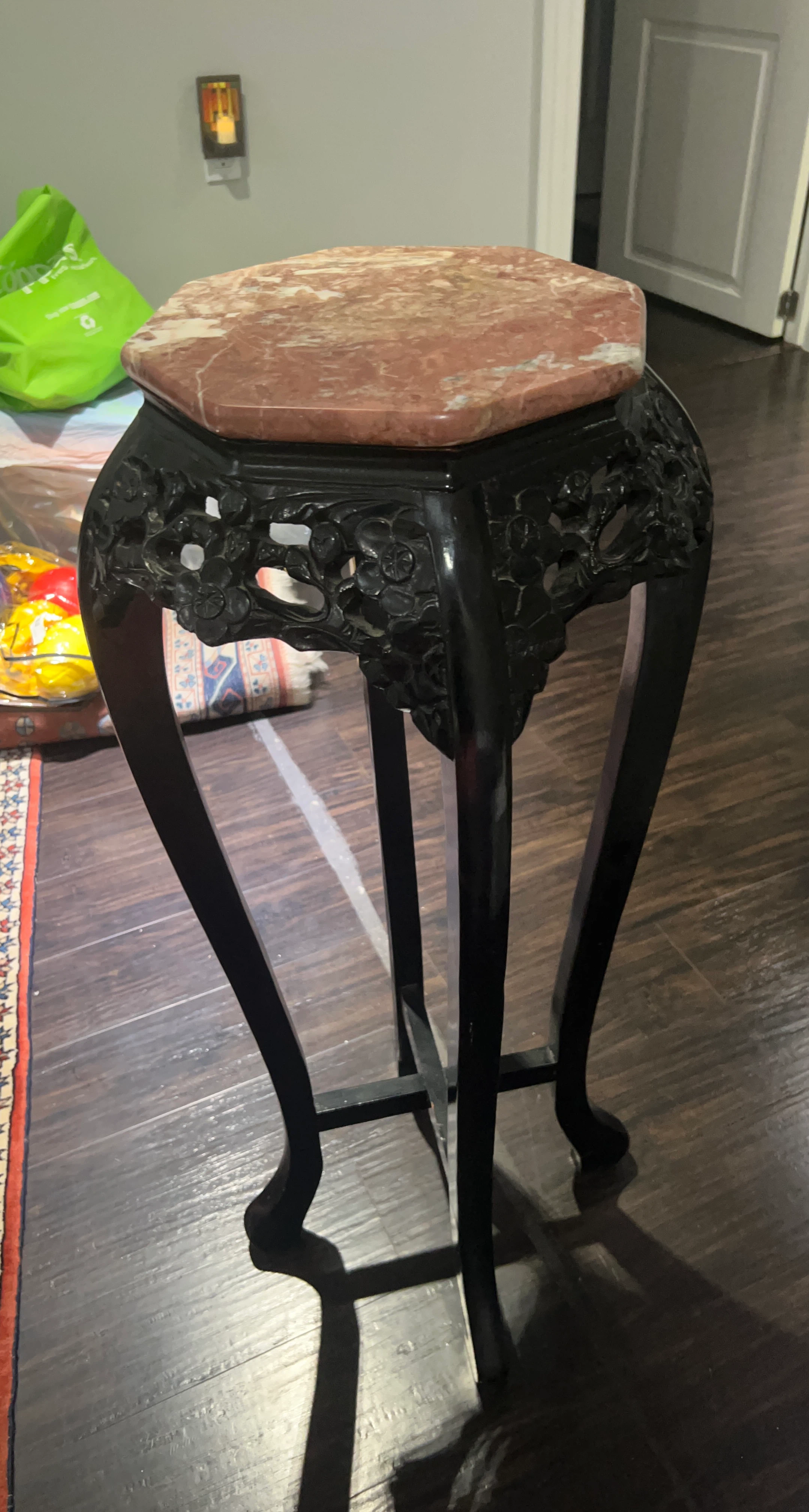 Vintage Carved Wood and Marble Plant Stand