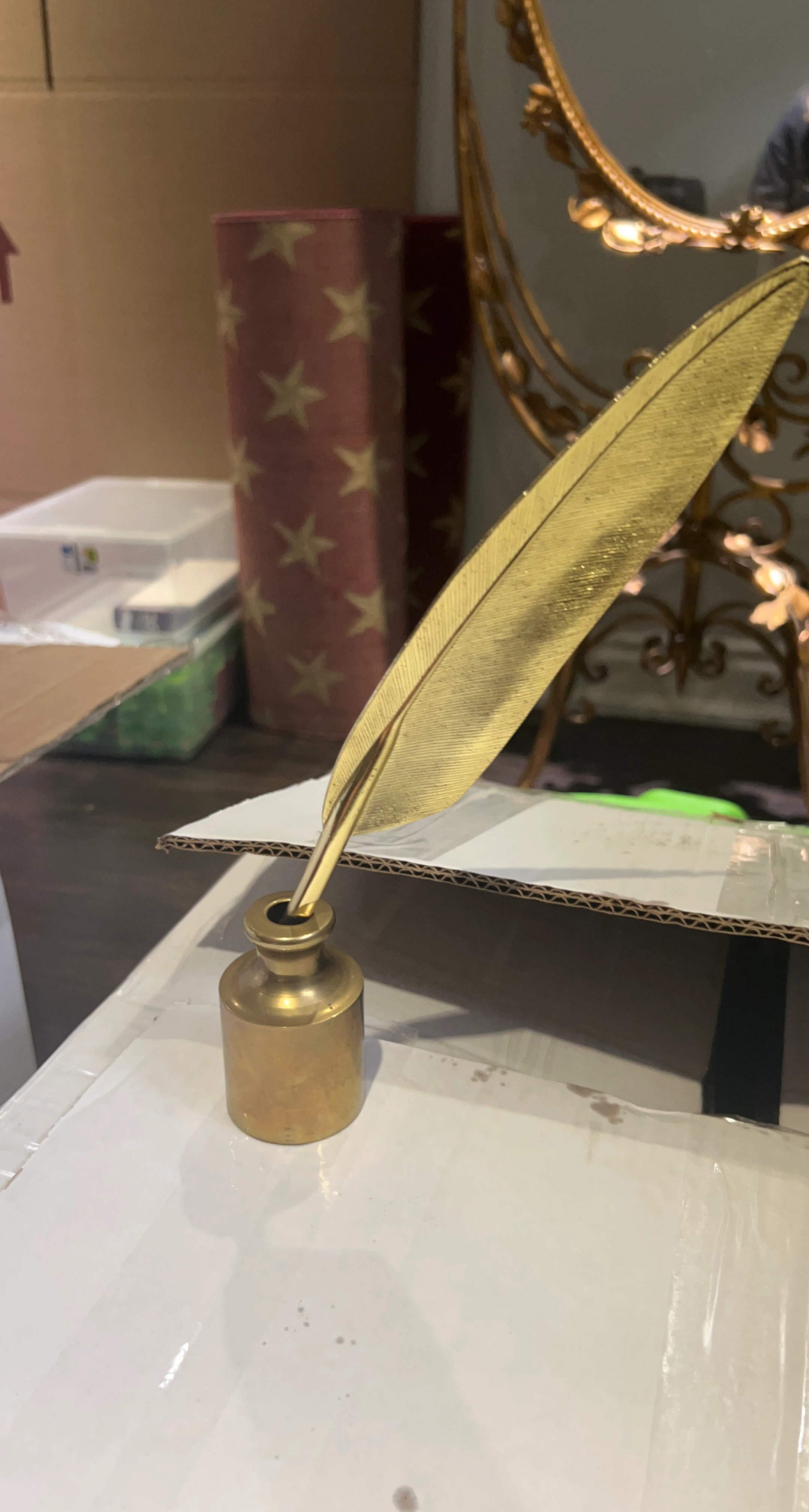 Gold Feather Quill Pen with Inkwell