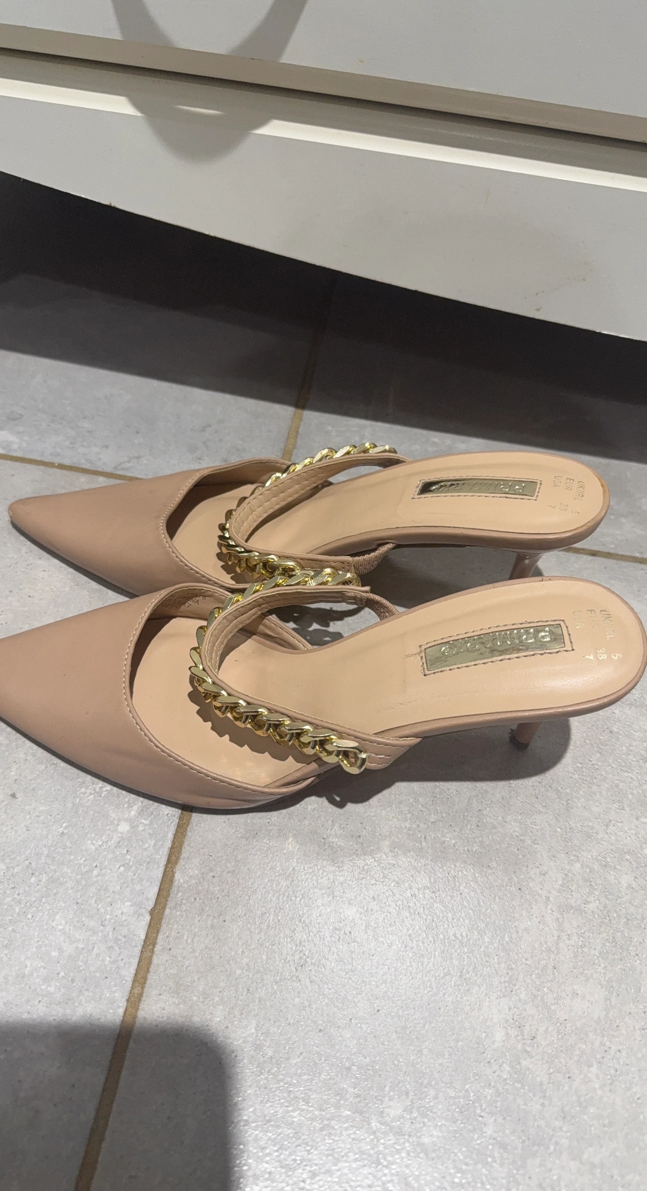 Primark Beige Mules with Gold Chain Detail Size 7
