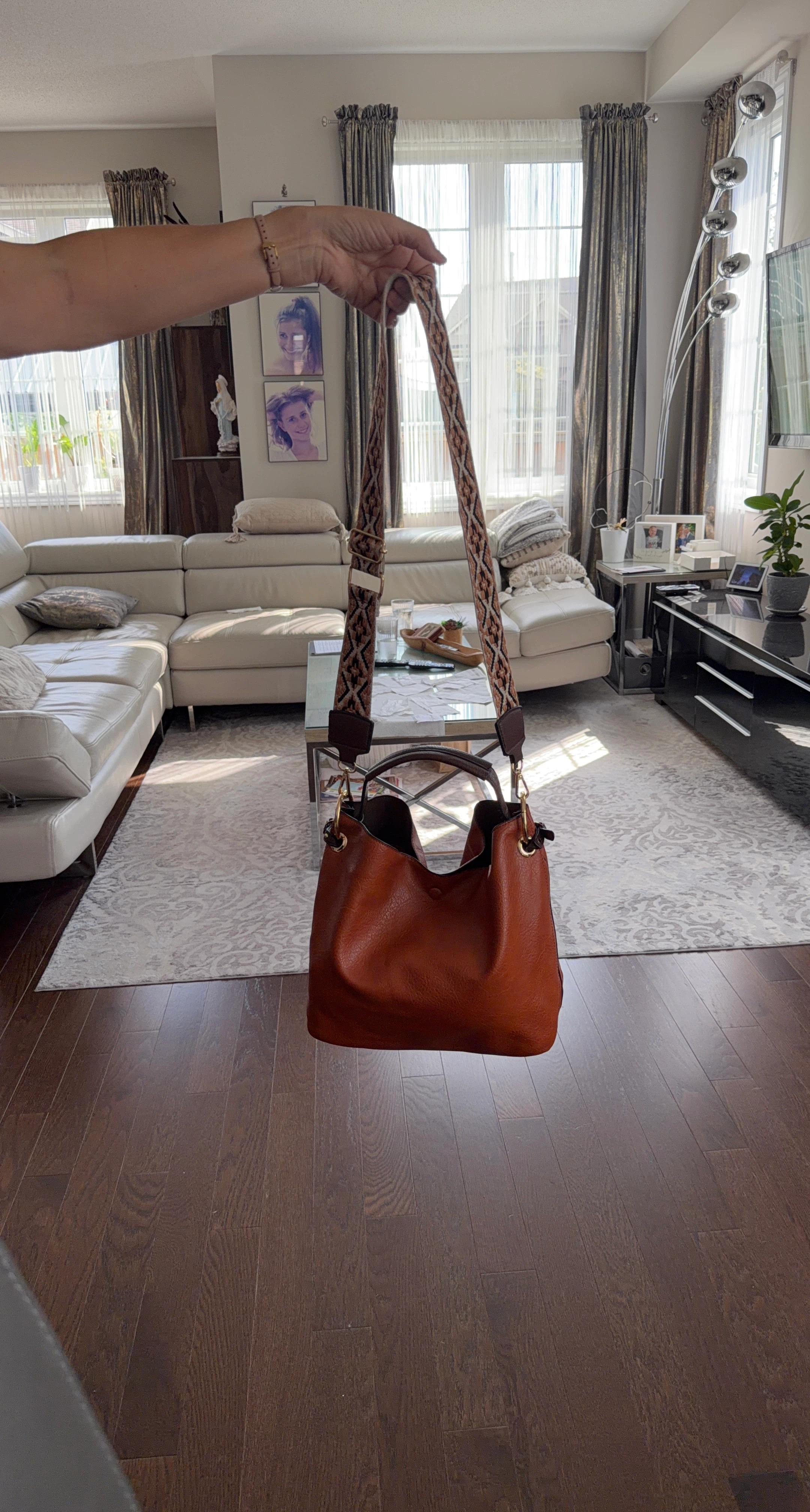 Brown Faux Leather Hobo Bag with Patterned Strap