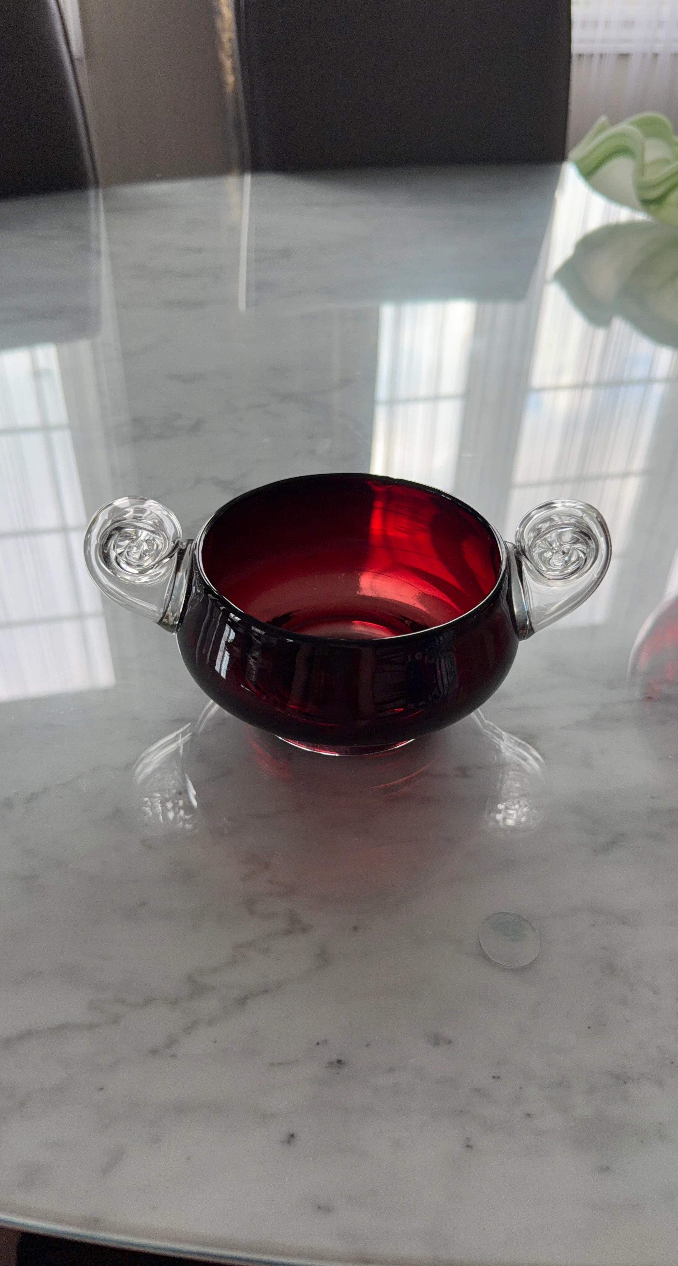 Ruby Red Glass Bowl with Swirl Handles