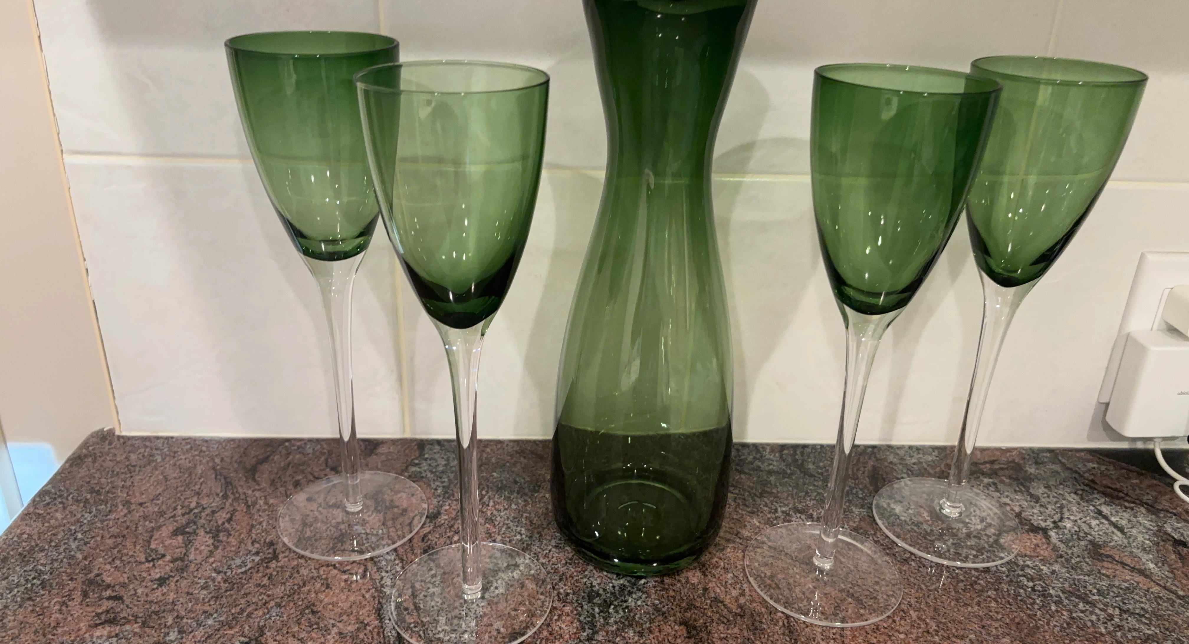 Green Glass Carafe and Wine Glasses Set