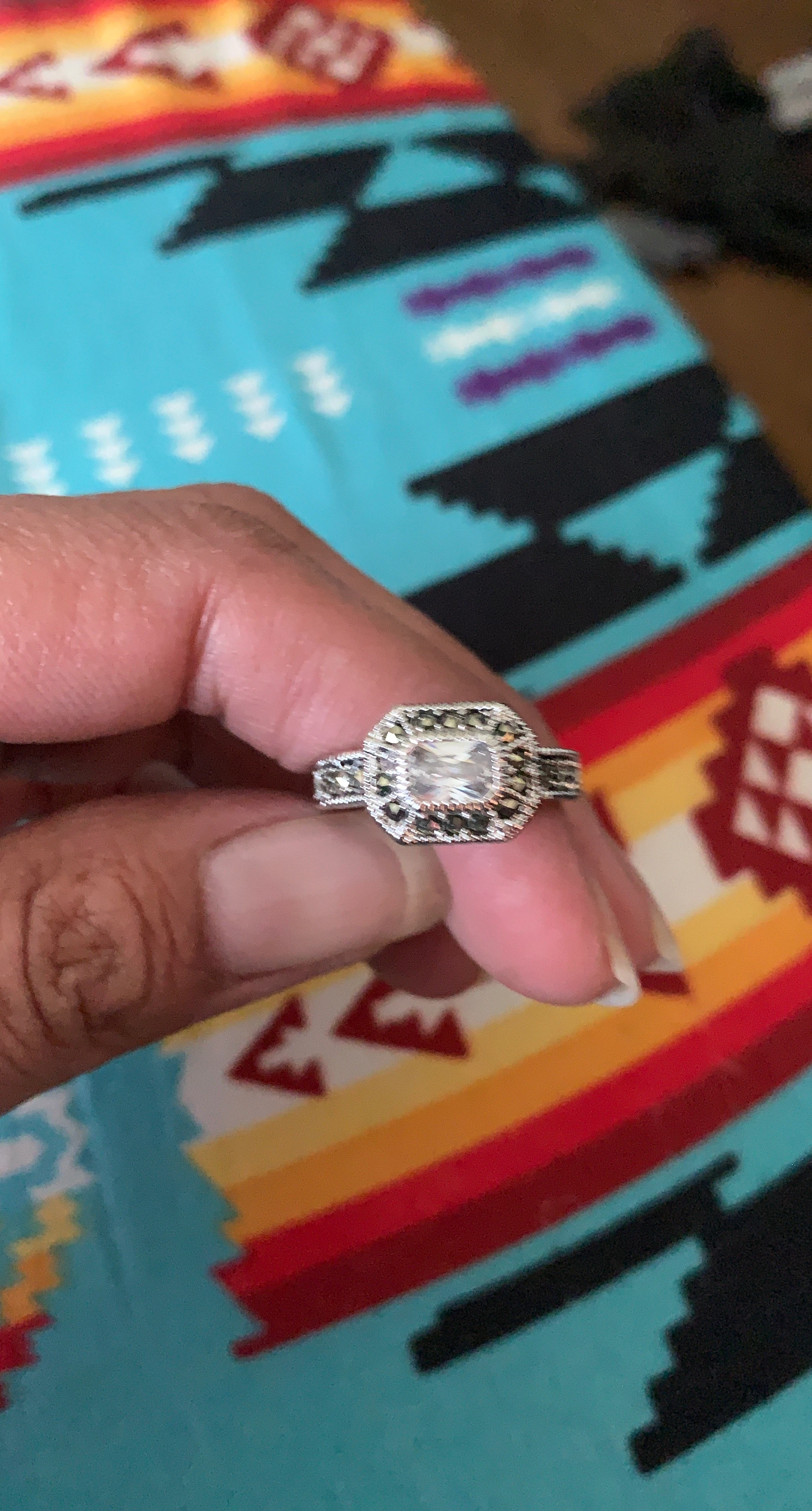 Engagement Ring with Cushion Cut Stone and Marcasite Accents