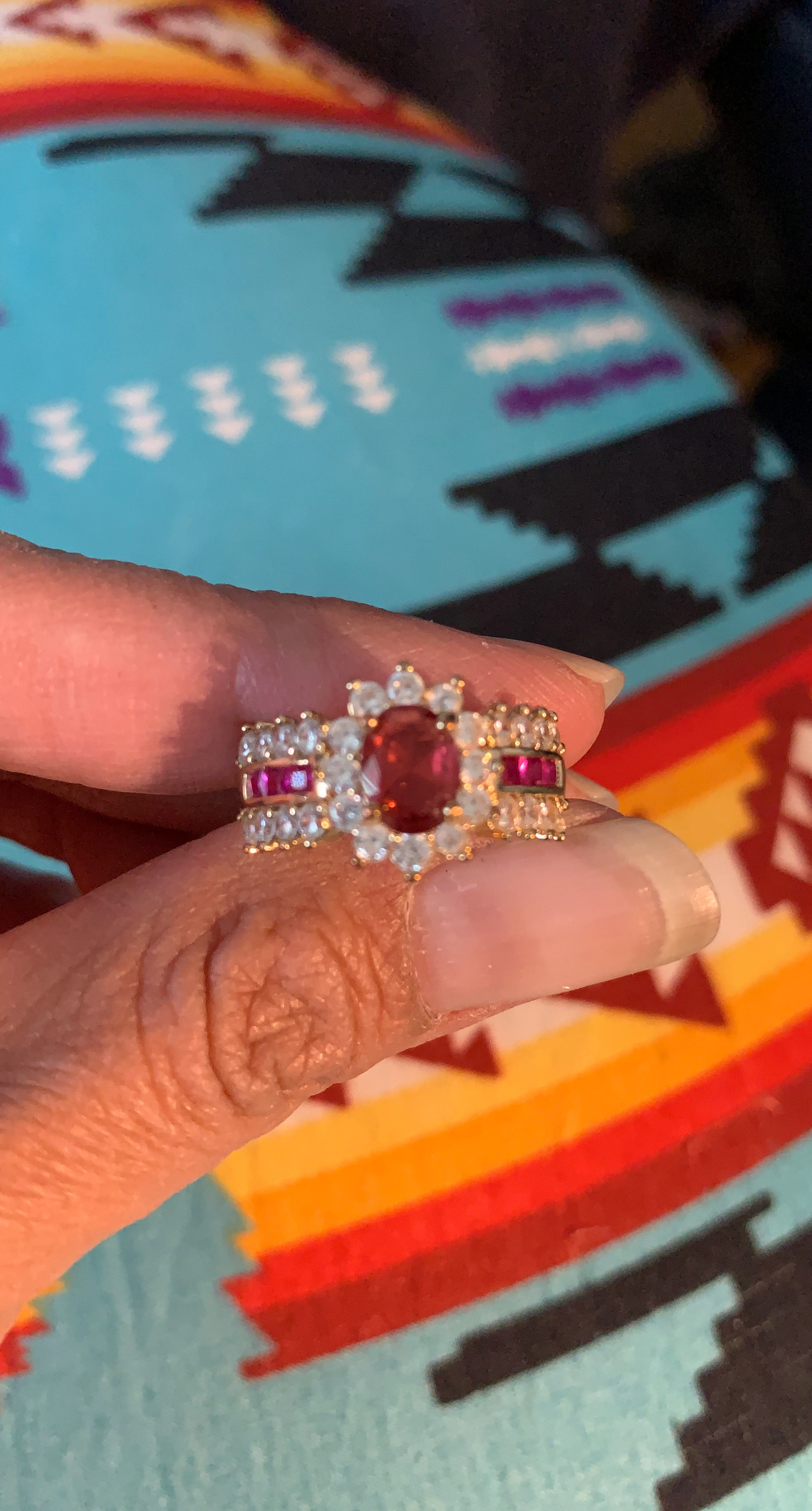Gold Tone Ruby and Crystal Ring