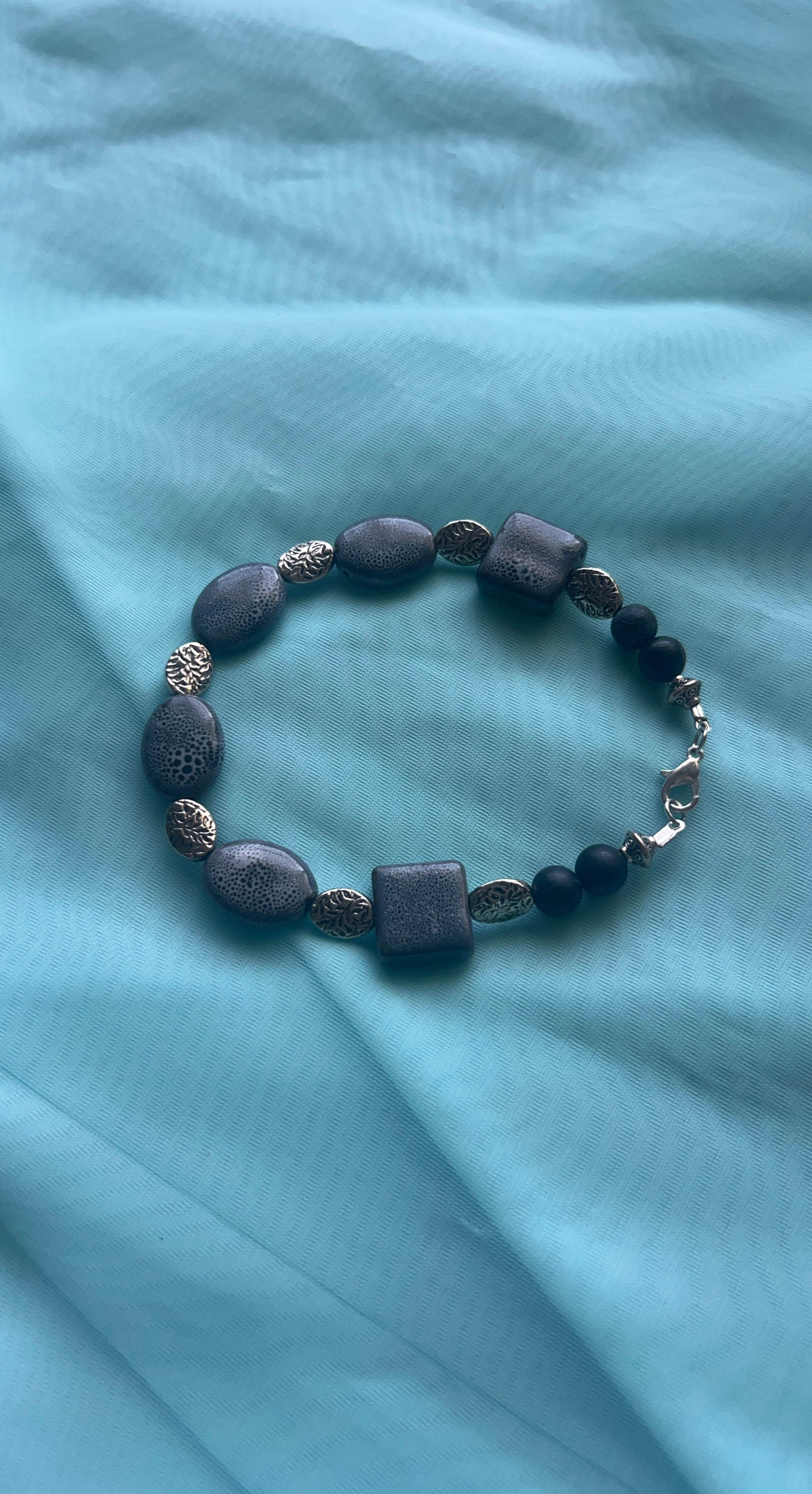 Grey Beaded Bracelet with Silver Accents