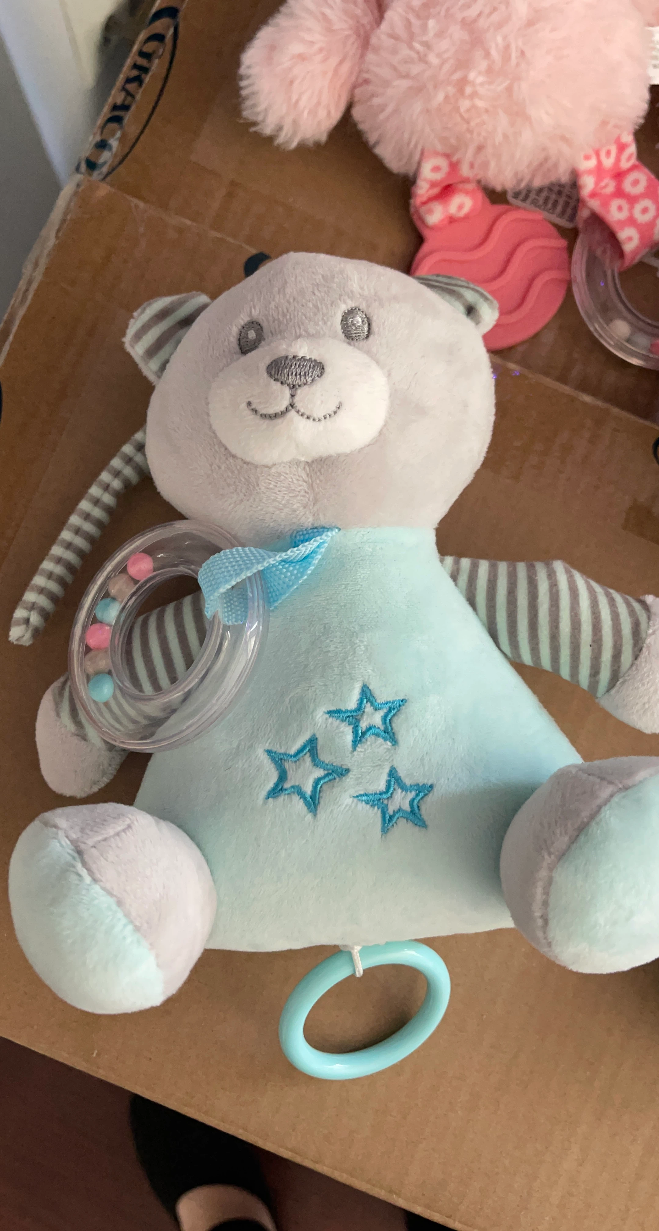 Plush Bear Toy with Rattle and Ring