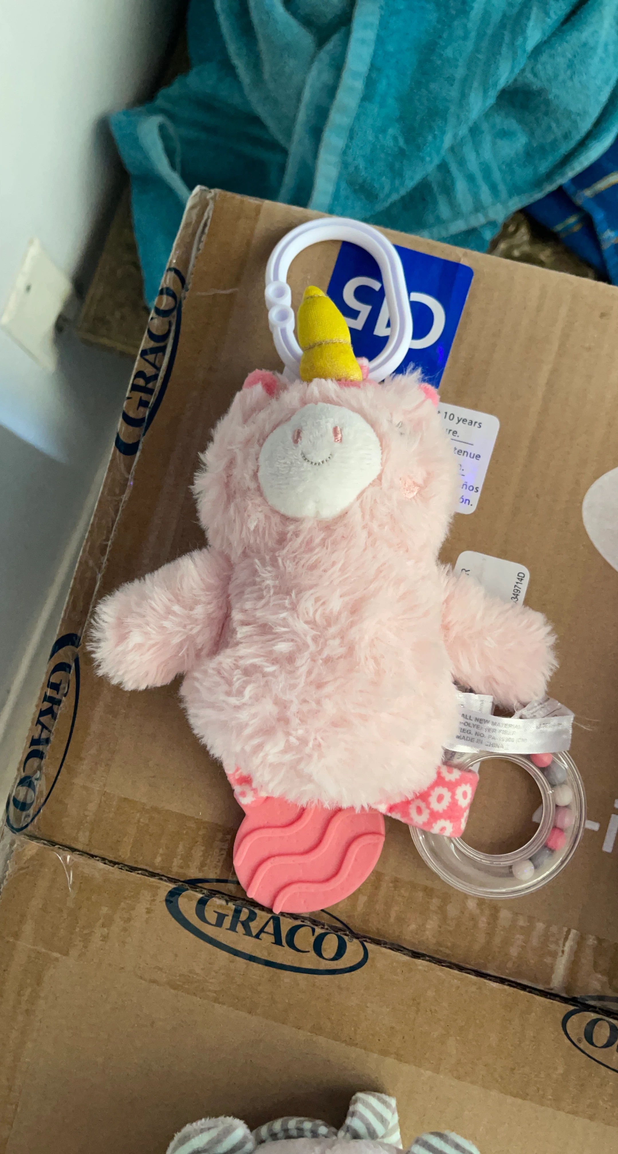 Pink Unicorn Plush Toy with Rattle and Teether