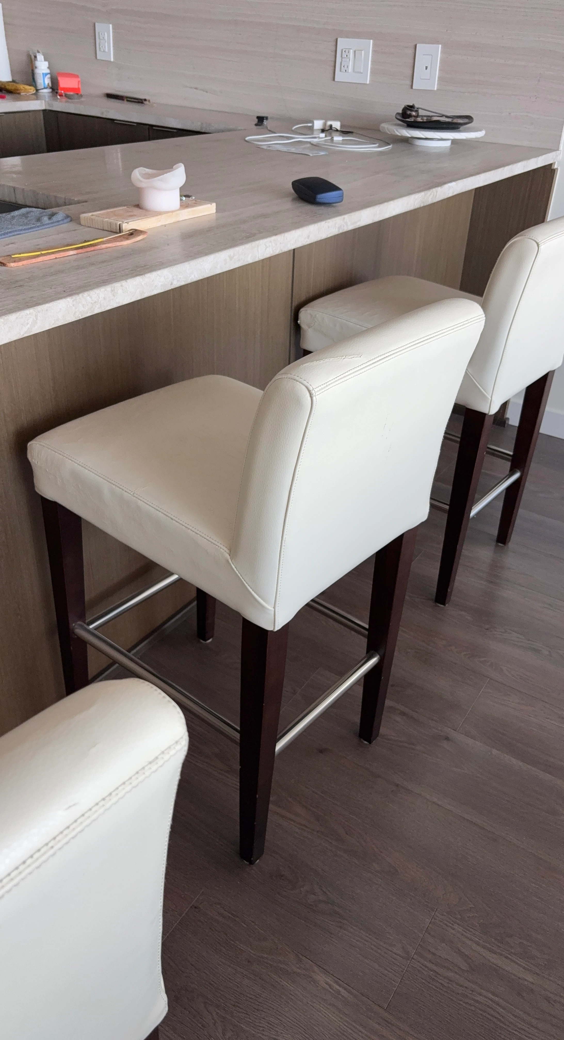 White Faux Leather Bar Stools with Wood Legs (Set of 4)