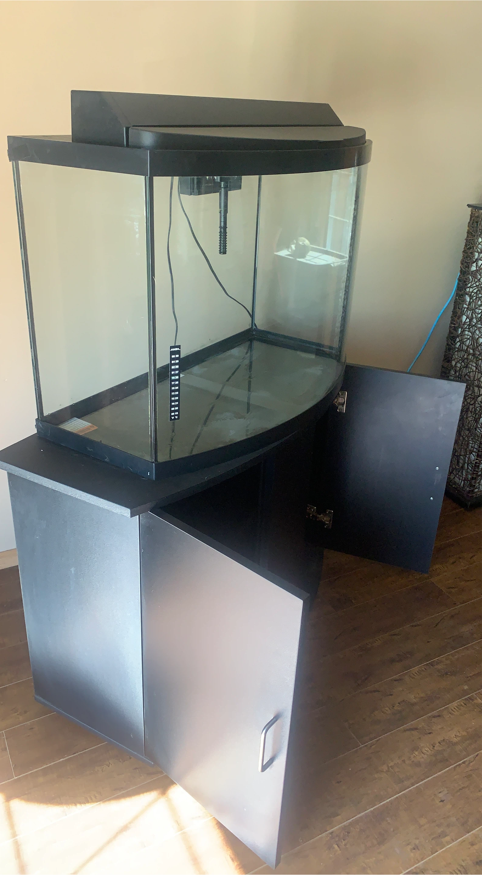 Curved Glass Aquarium with Black Cabinet