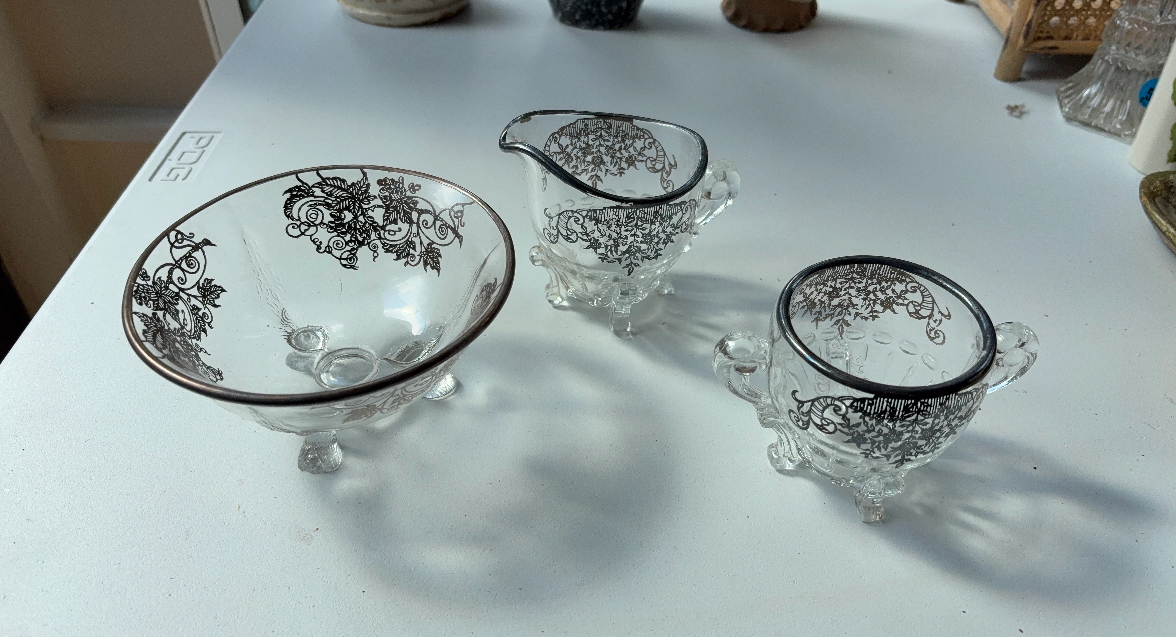 Vintage Glass Creamer, Sugar Bowl, and Bowl Set with Silver Trim