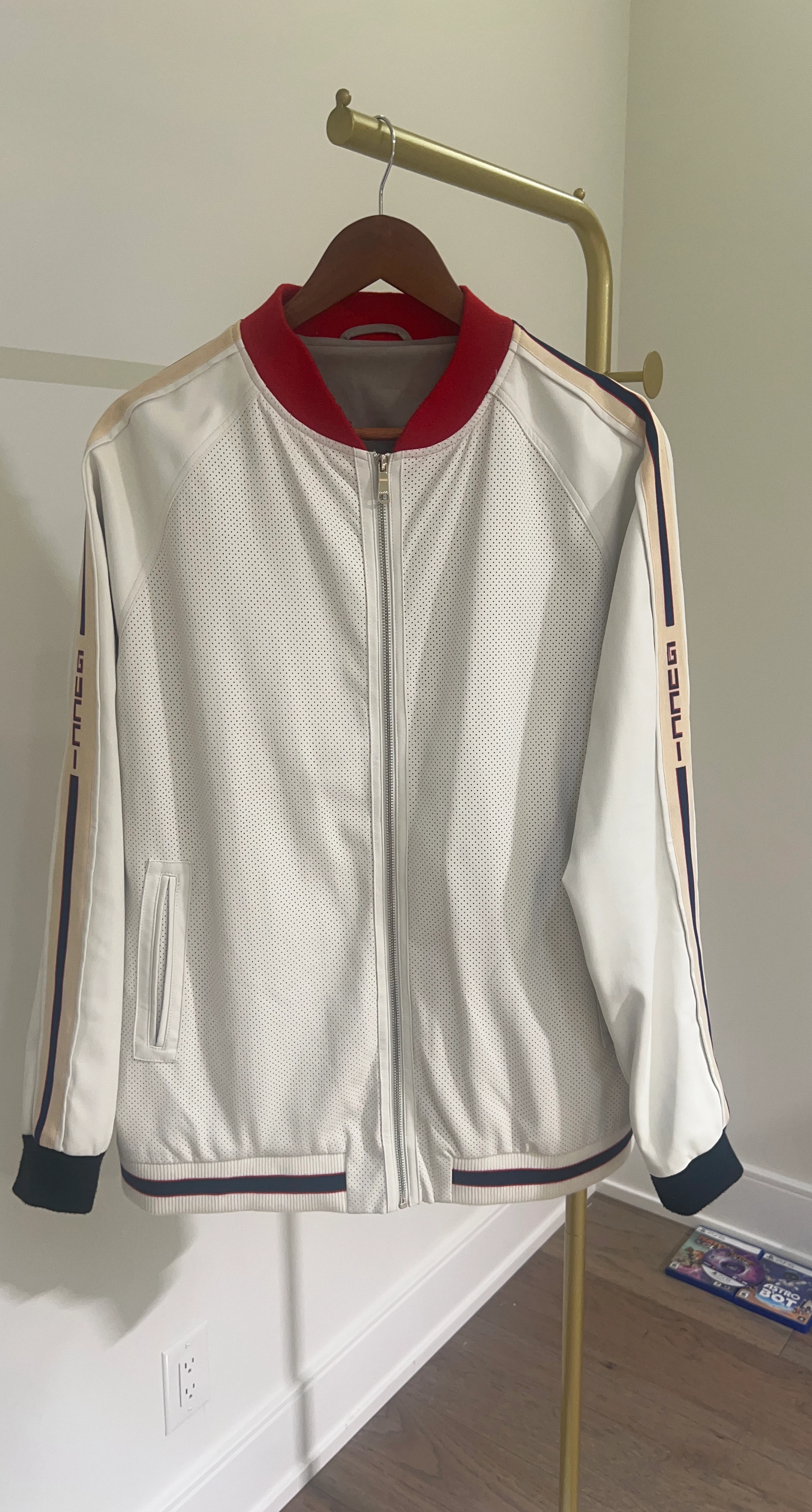 White Perforated Leather Bomber Jacket