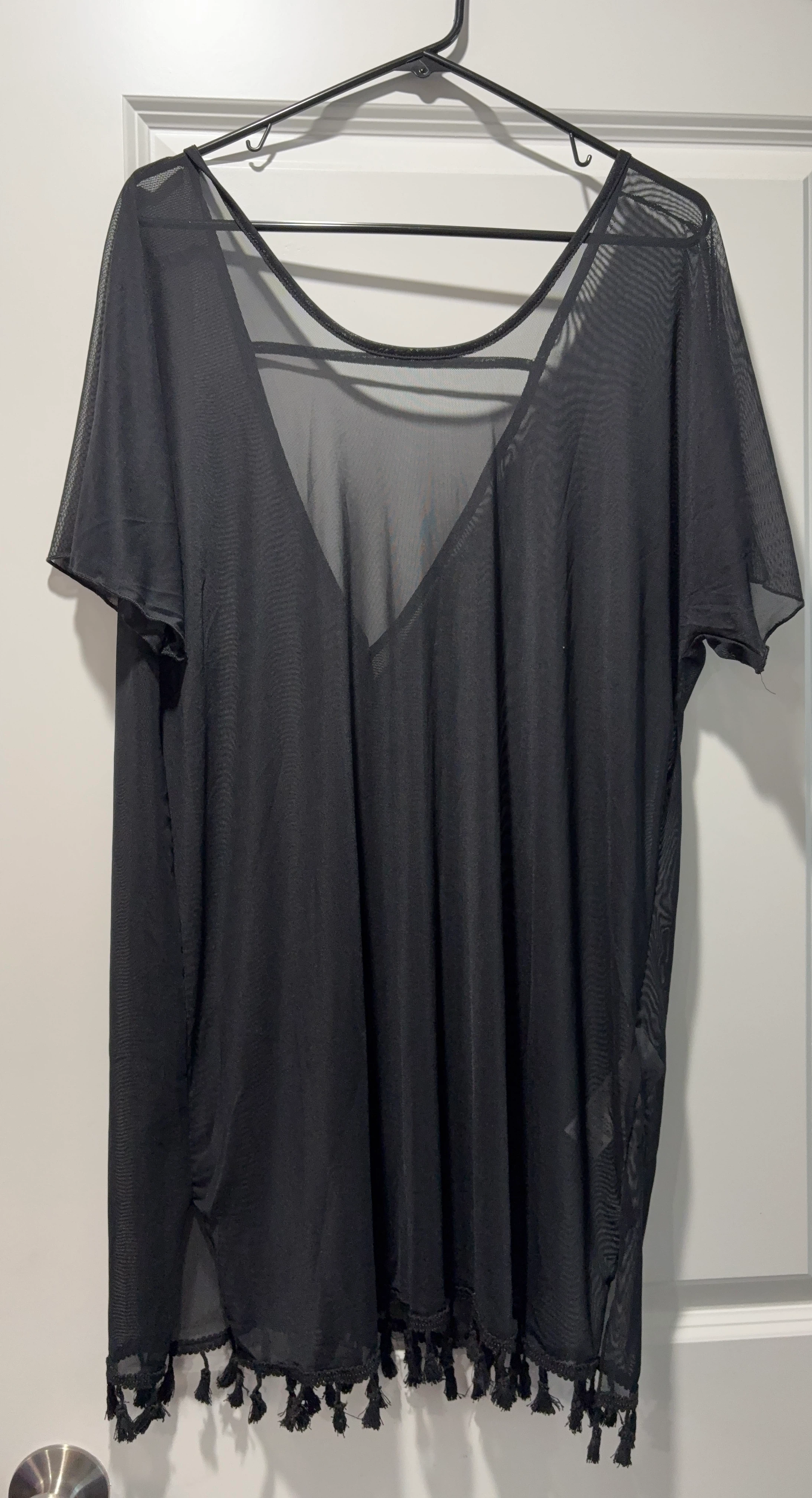 Black Sheer Mesh Tunic Top with Tassels