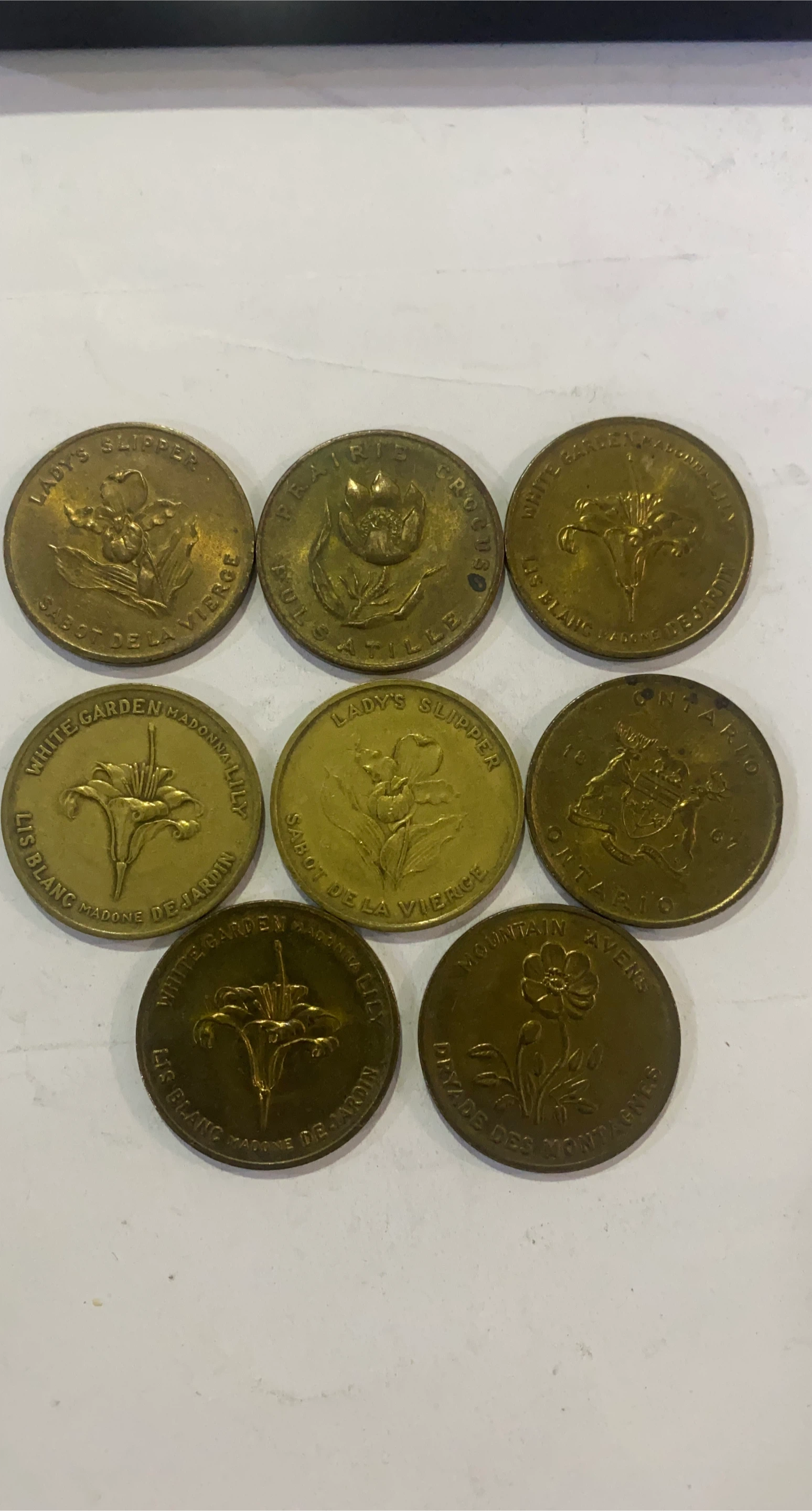 Set of 9 Canadian Provincial Tokens - Flowers & Emblems