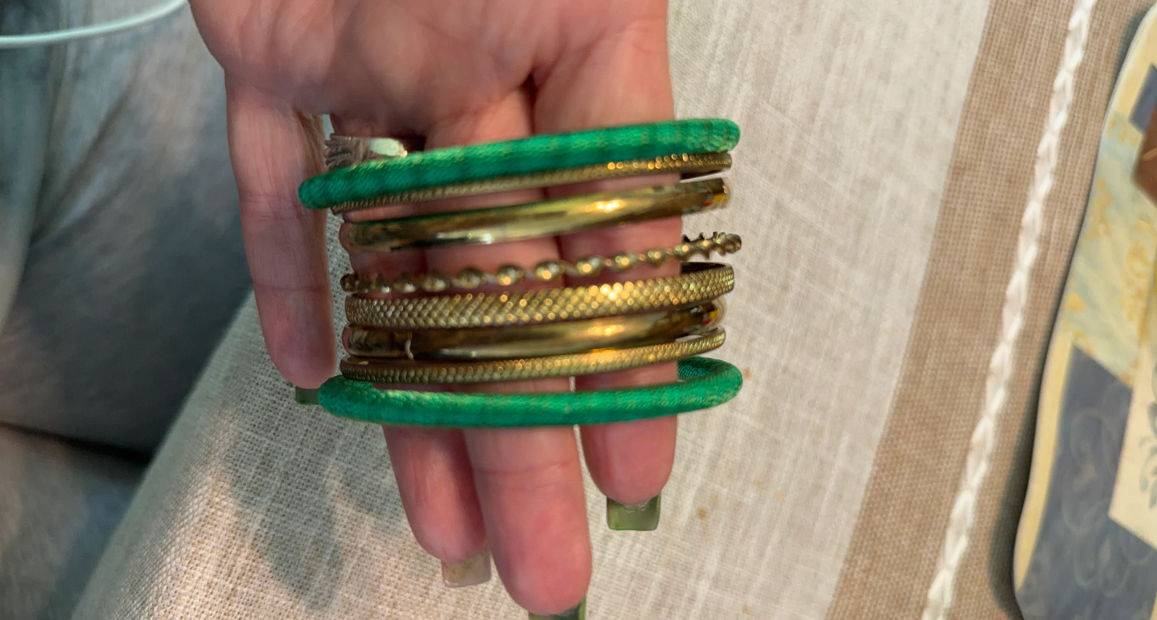 Set of 7 Gold Plated and Green Bangles
