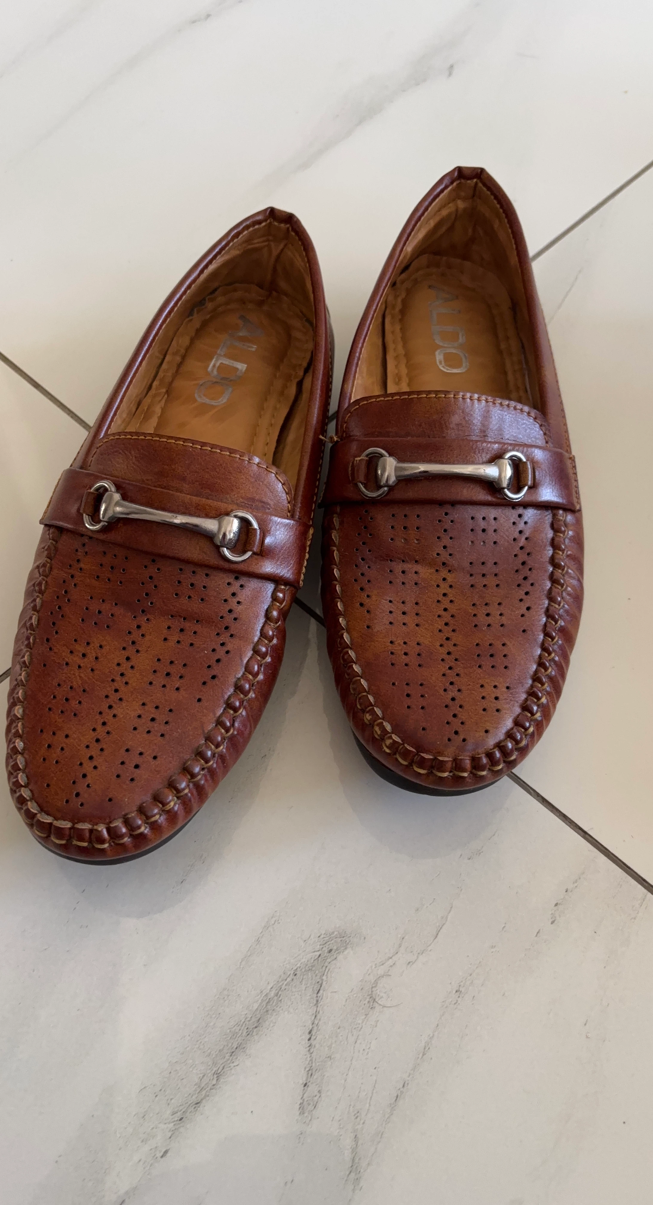 ALDO Brown Perforated Loafers with Buckle Accent