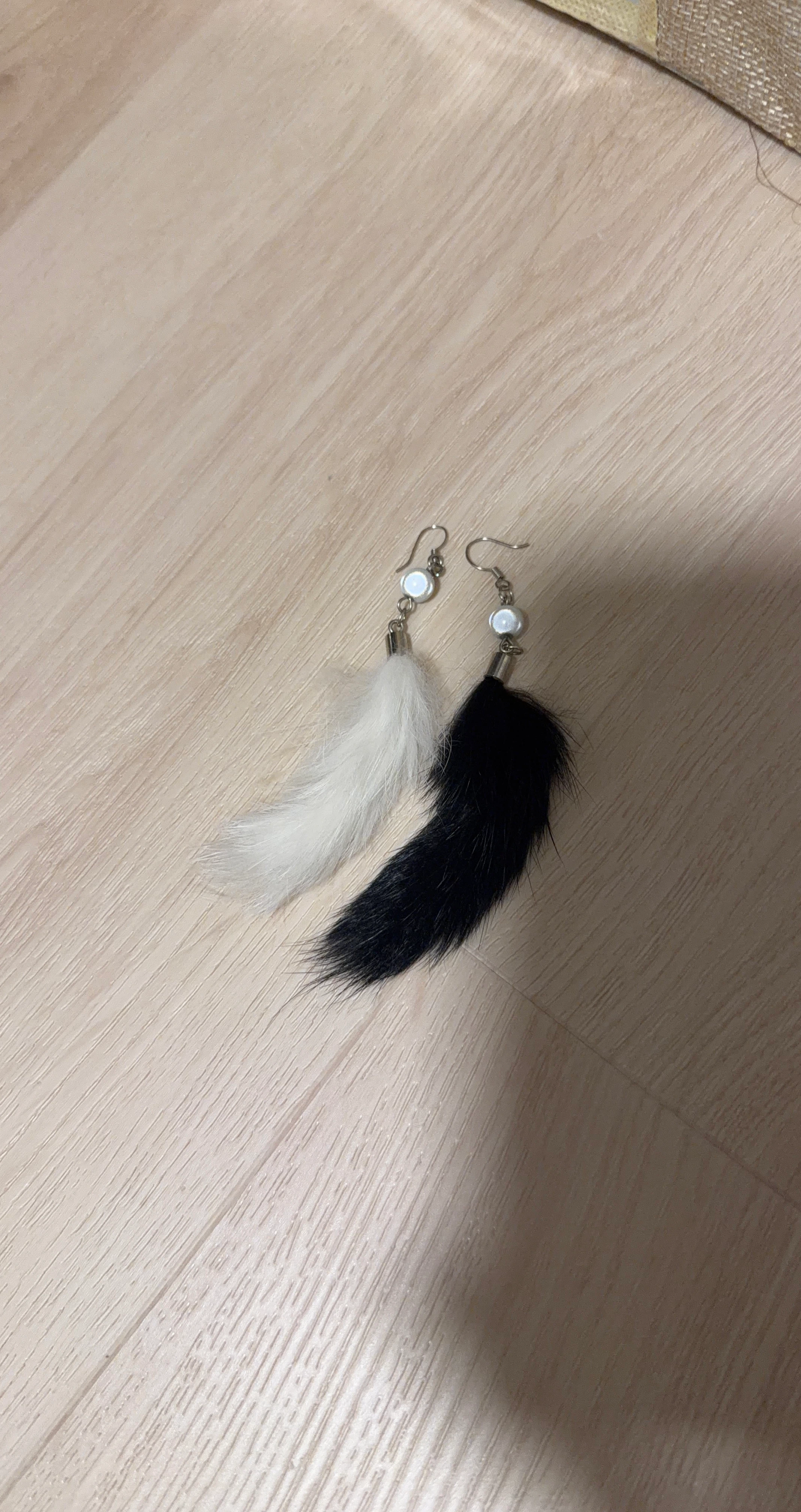 Black and White Fur Tail Earrings