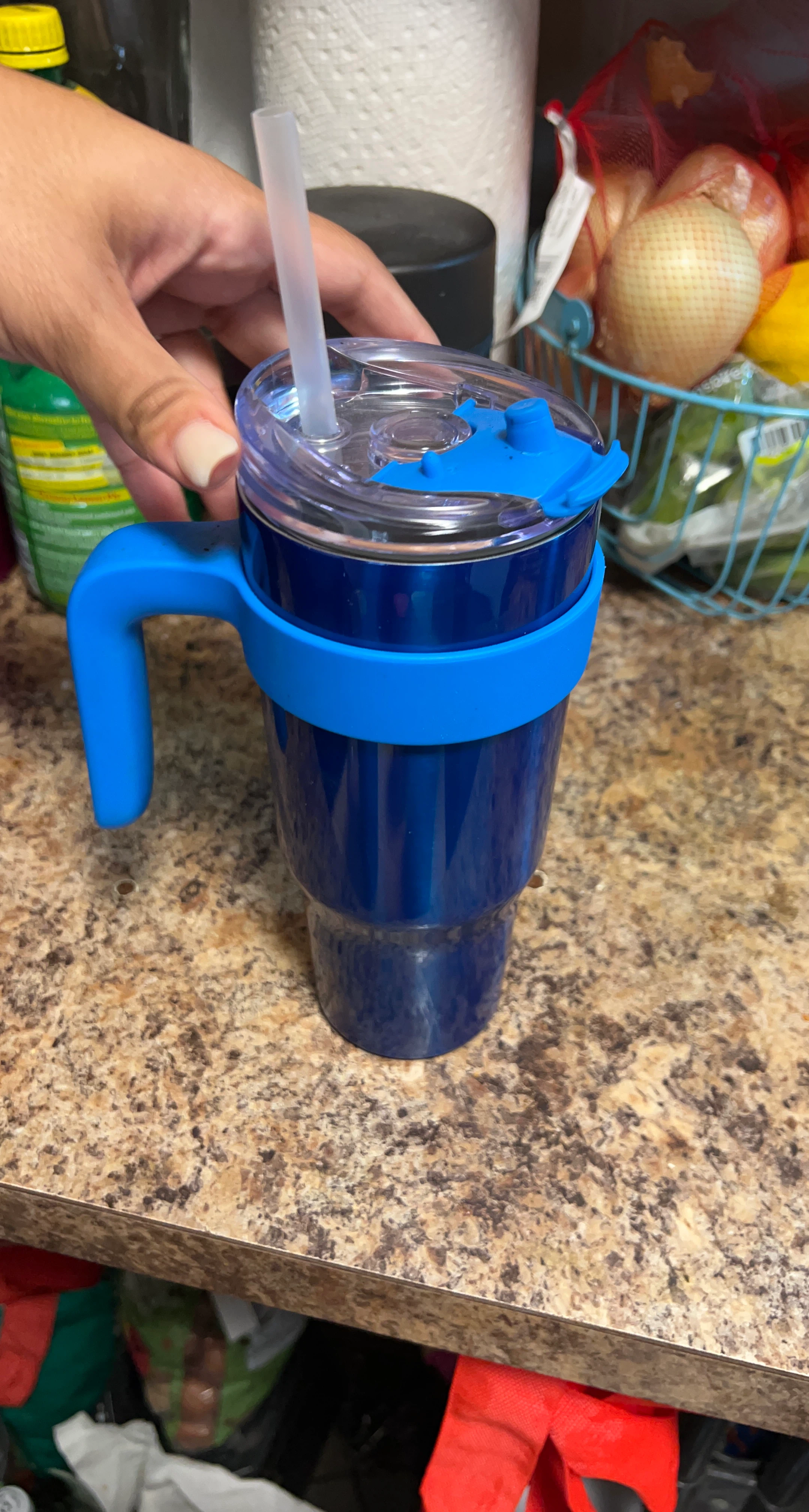 Blue Tumbler with Handle and Straw