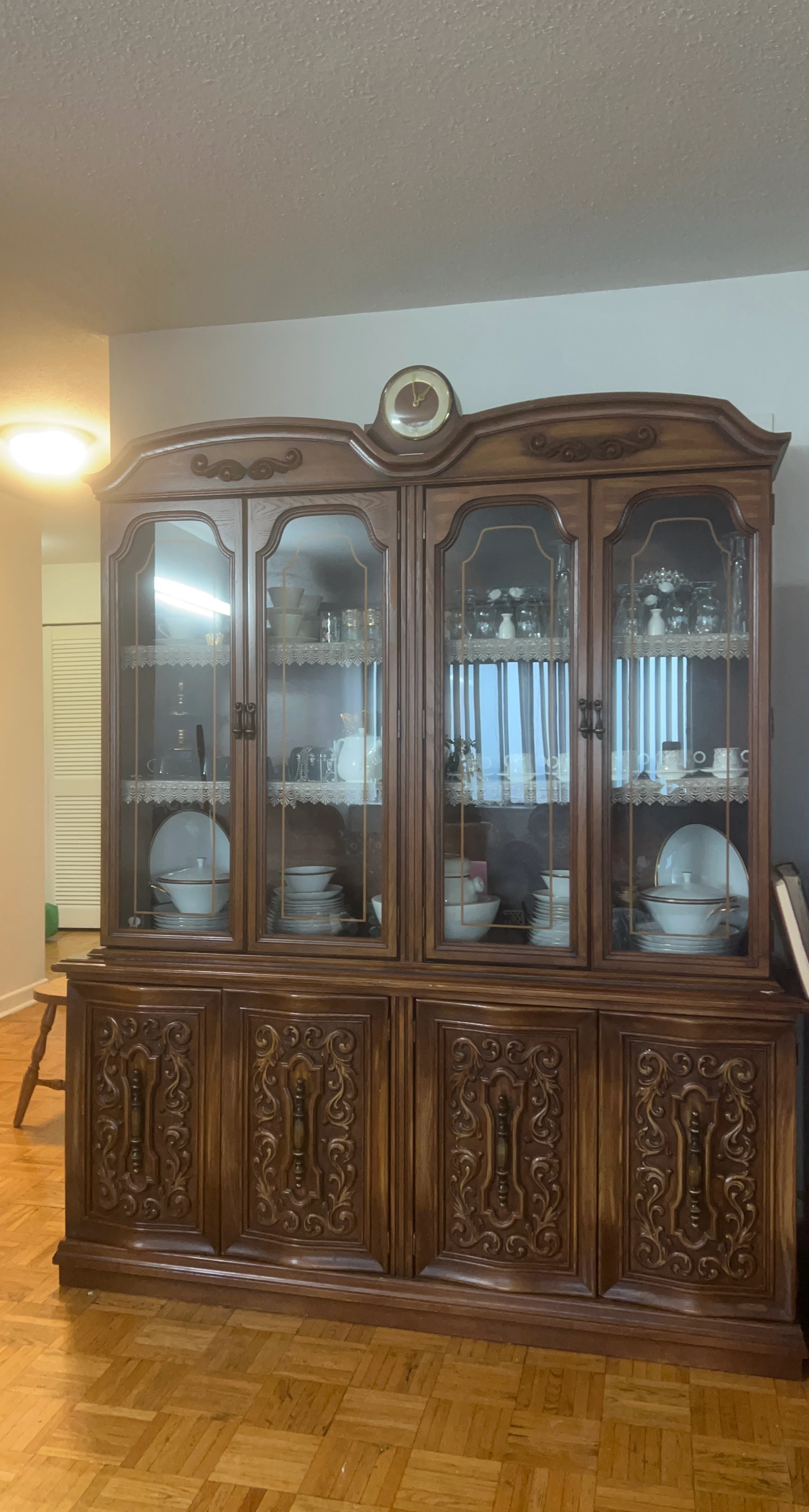 Vintage Wood China Cabinet with Clock