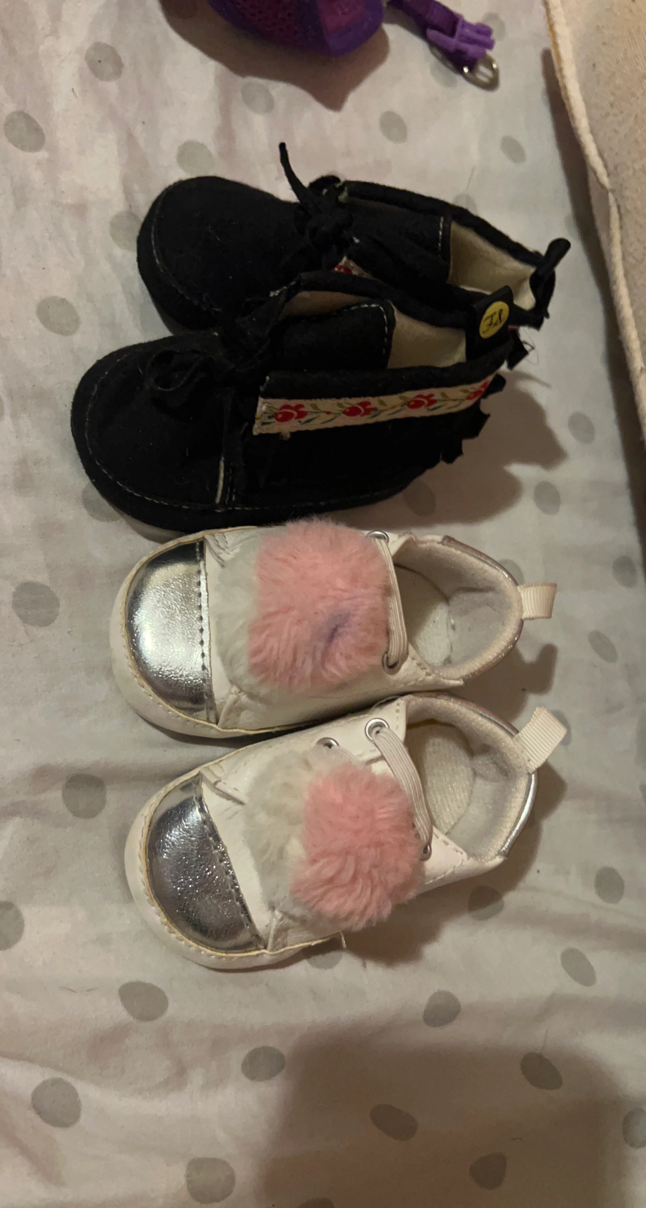 Baby Shoes - Black and White with Pink Pom-Poms