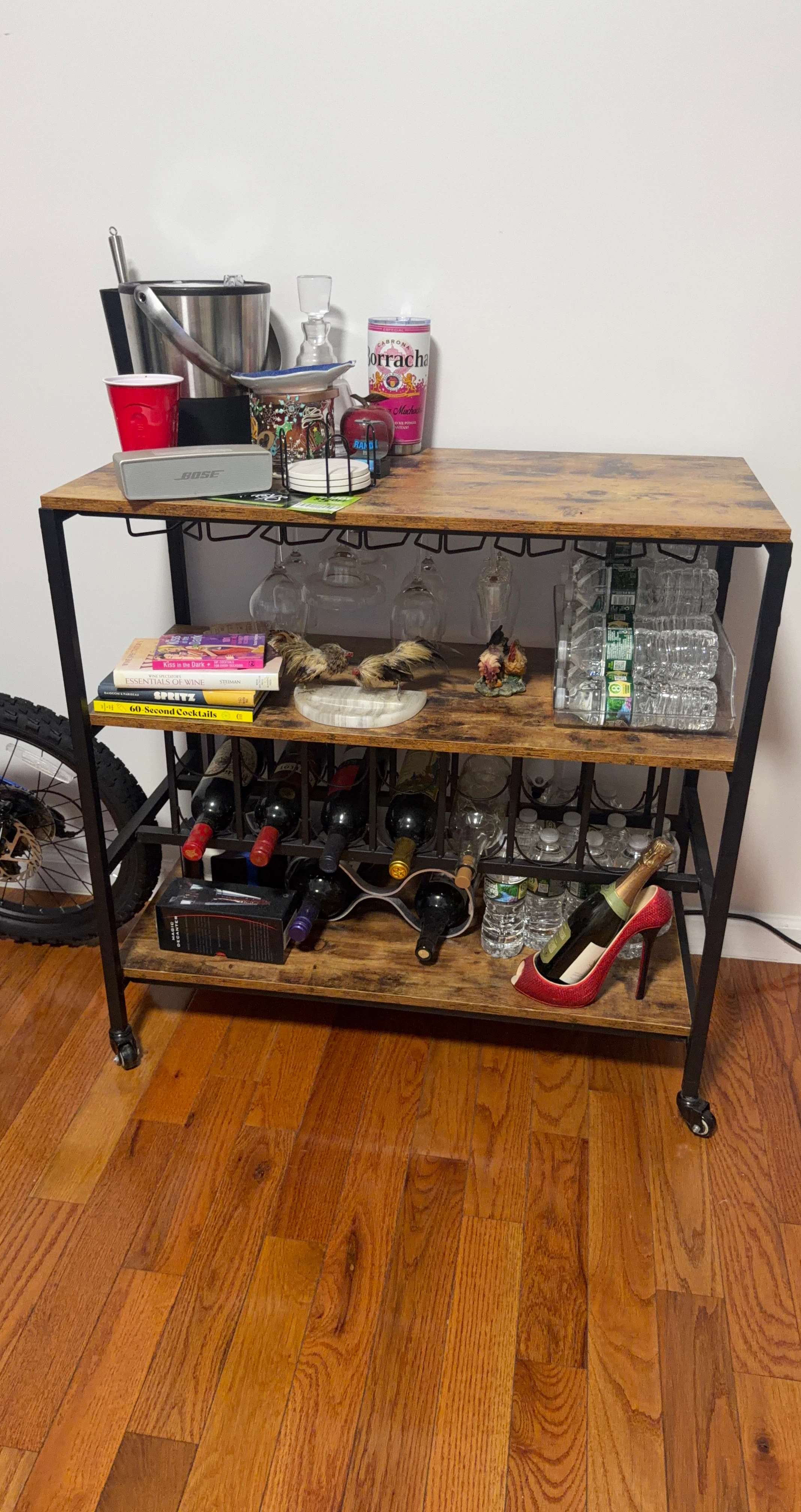 Rustic Wood Wine Cart with Glass Holders