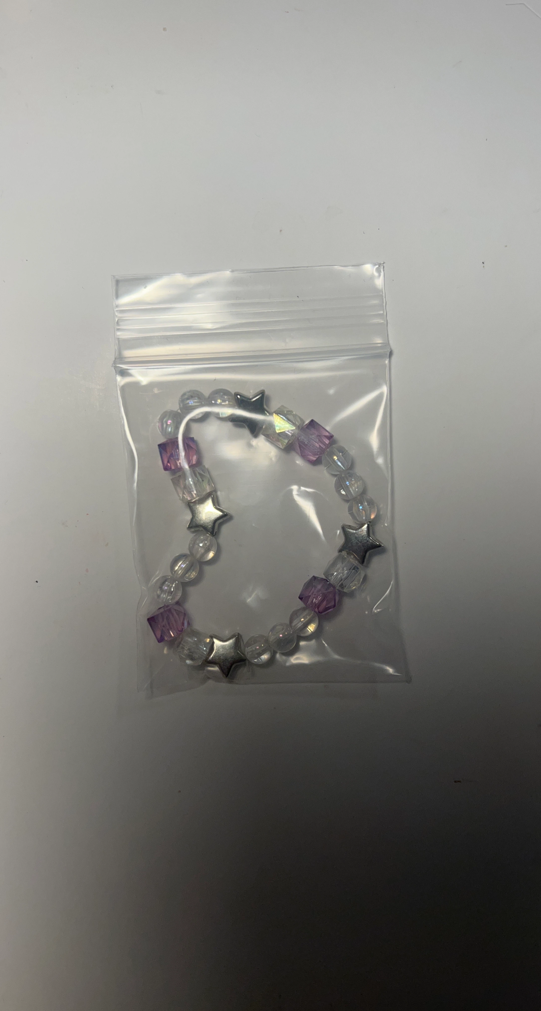 Beaded Bracelet with Stars and Purple Cubes