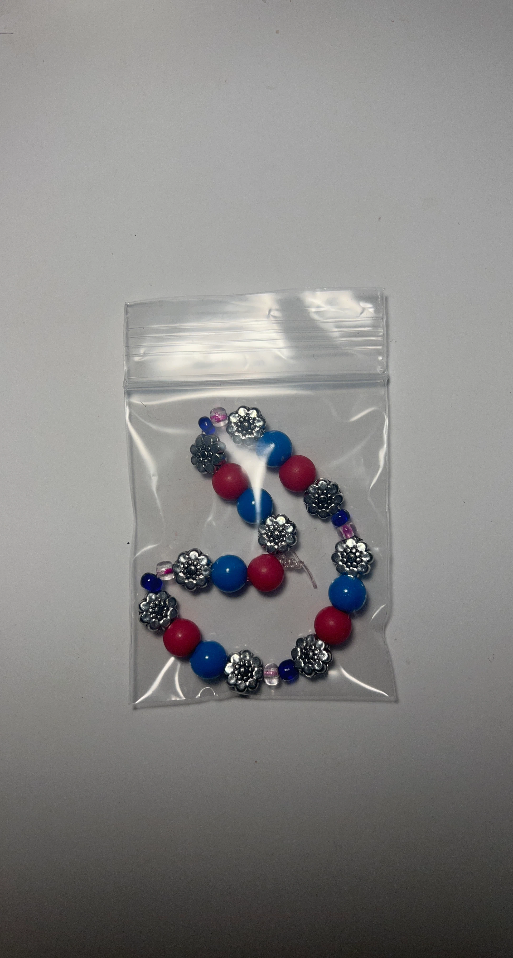 Handmade Beaded Bracelet - Red, Blue, Silver