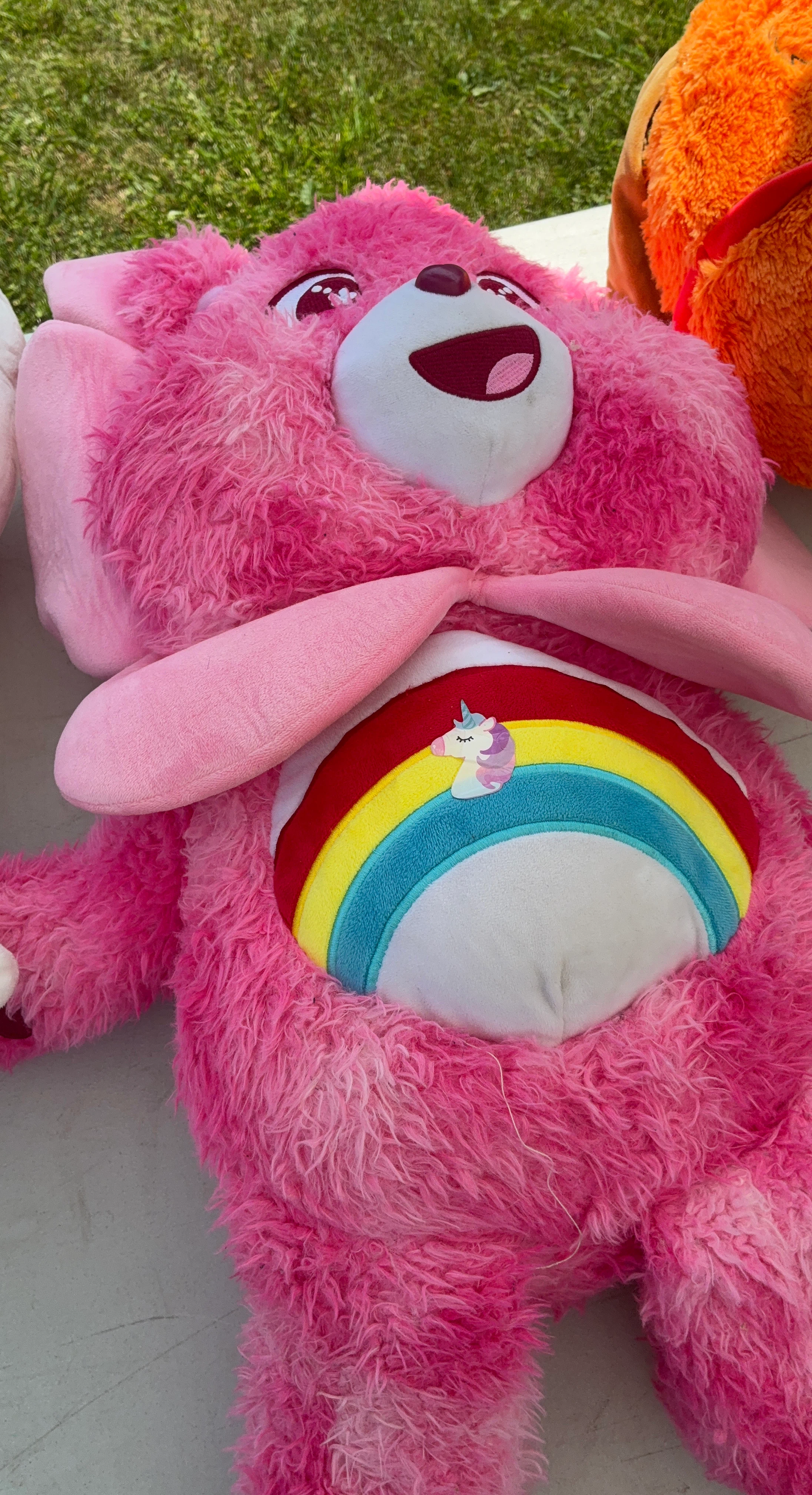 Pink Care Bear Plush Toy with Rainbow and Unicorn Belly Badge
