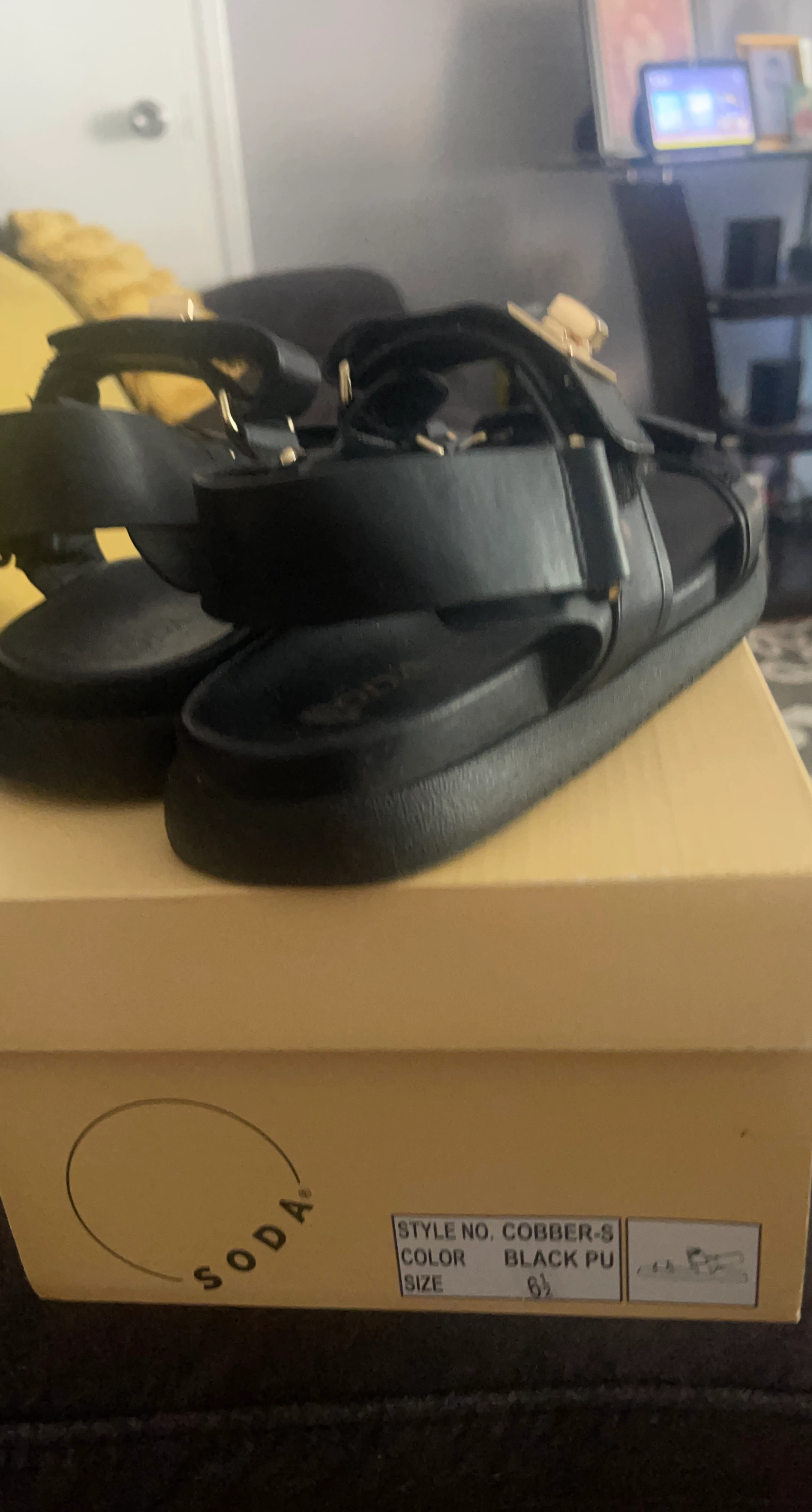 Soda Black PU Sandals Size 6.5