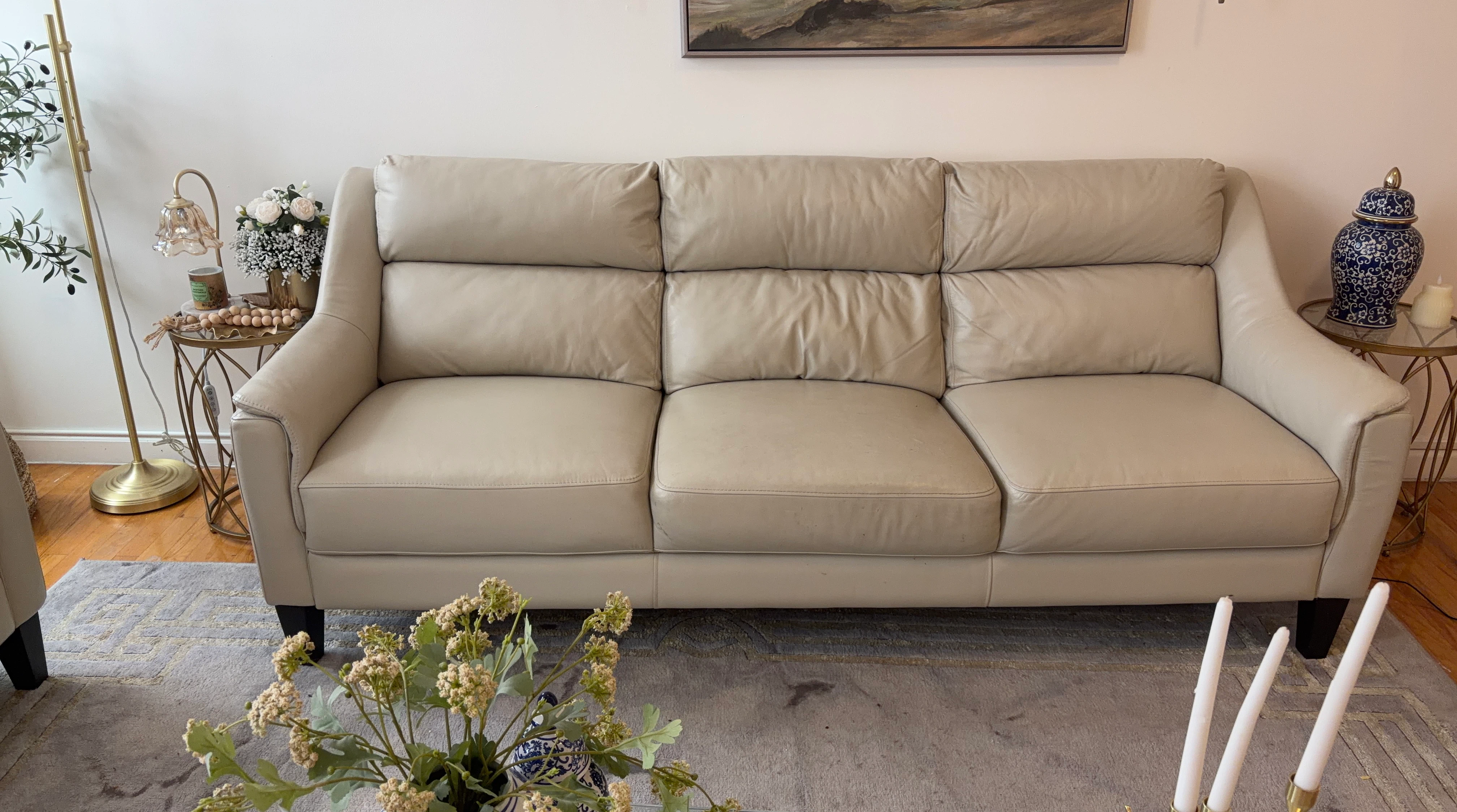 Light Beige Leather 3-Seater Sofa