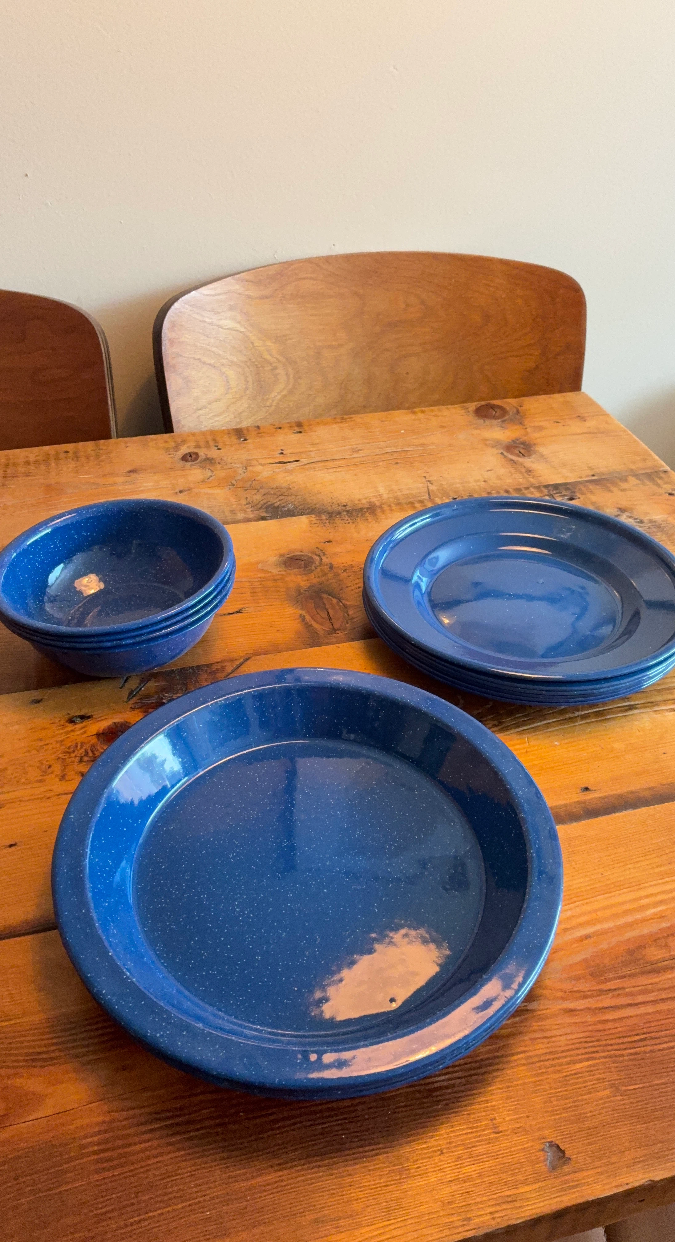 Blue Enamel Camping Dish Set – 14 Pieces