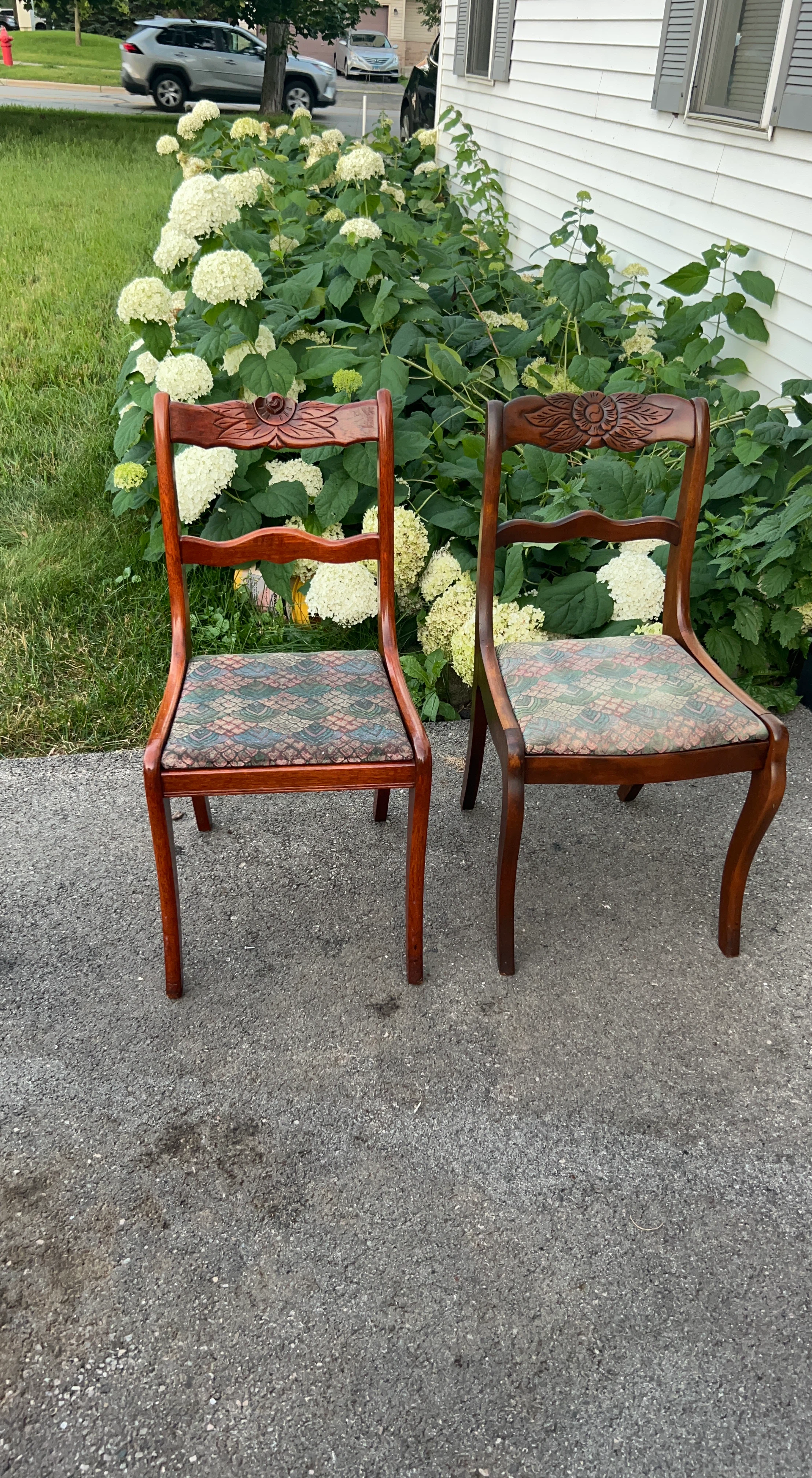 Vintage Wood Side Chairs with Floral Upholstery - Set of 2