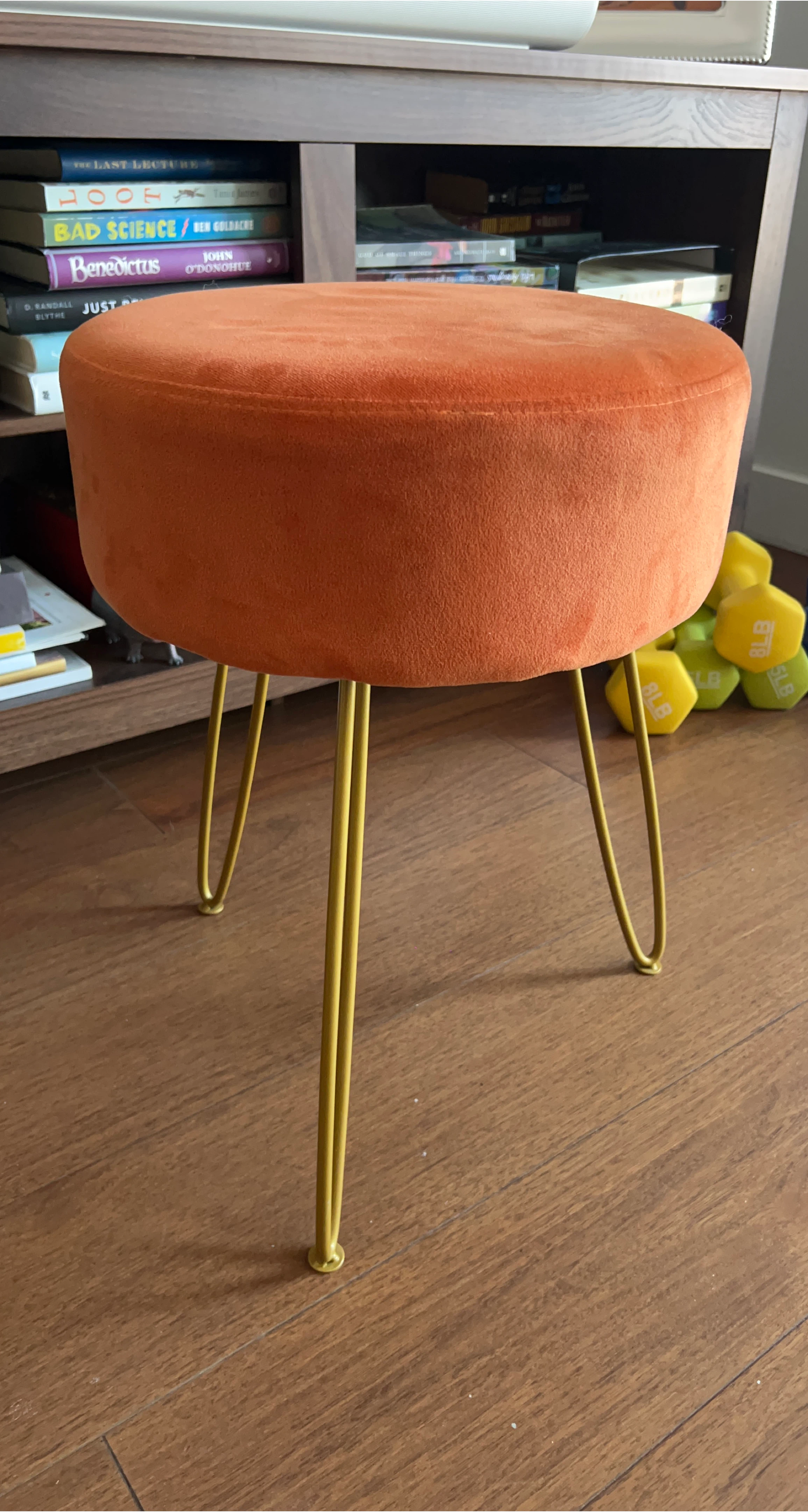 Orange Velvet Ottoman Footstool with Gold Legs