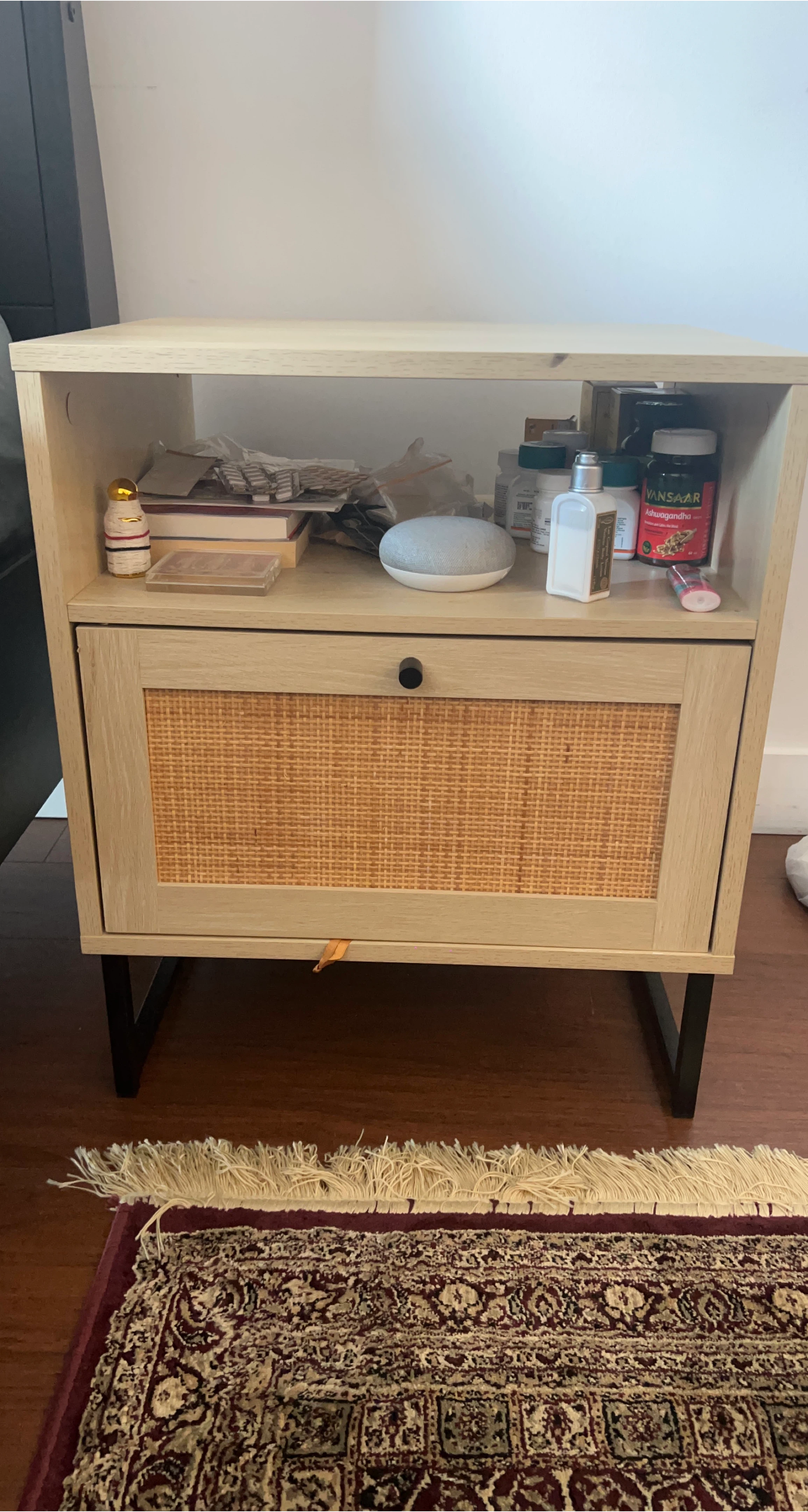 Set of 2 Wood Nightstand with Cane Door