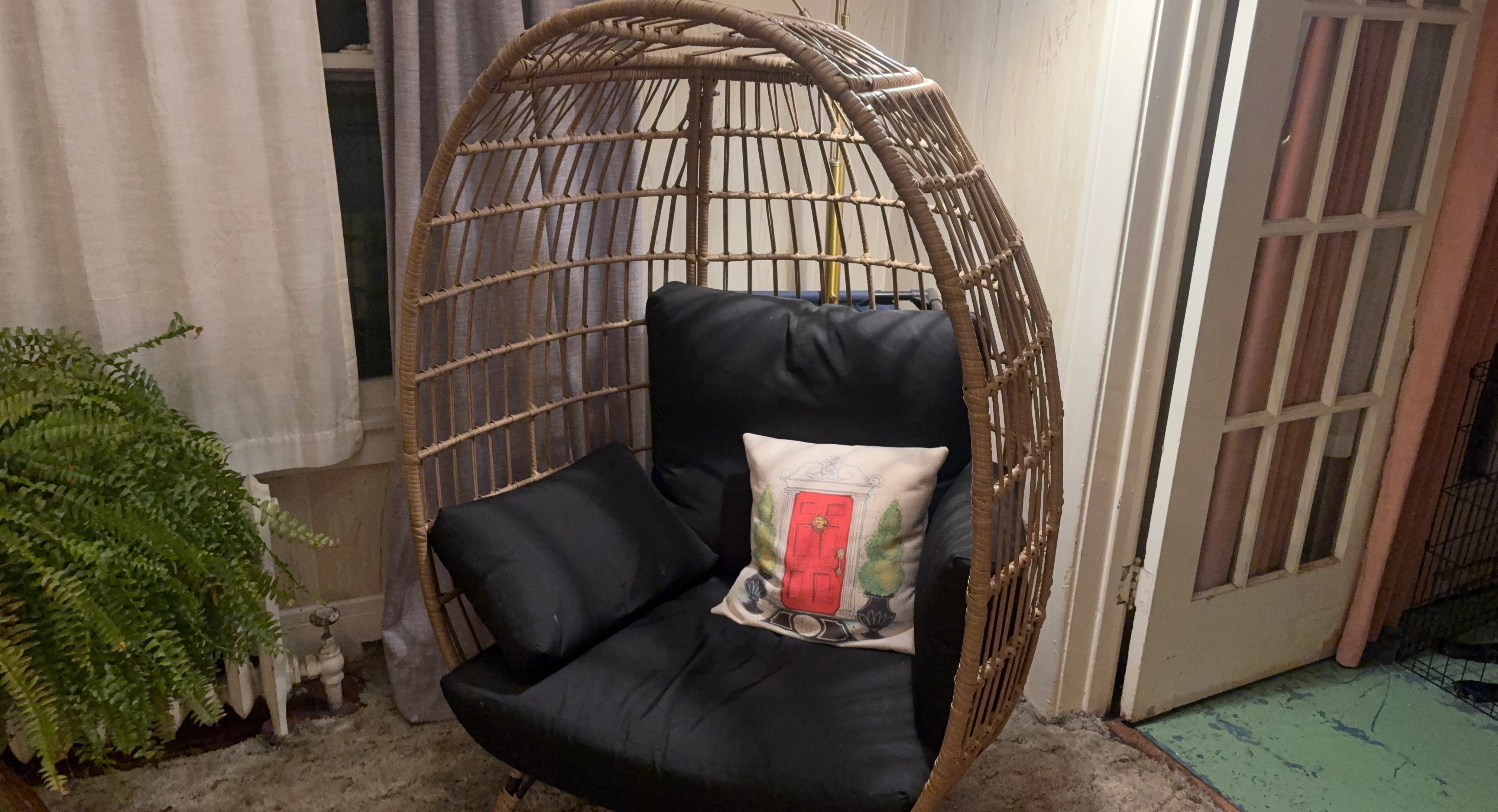 Wicker Egg Chair with Black Cushions