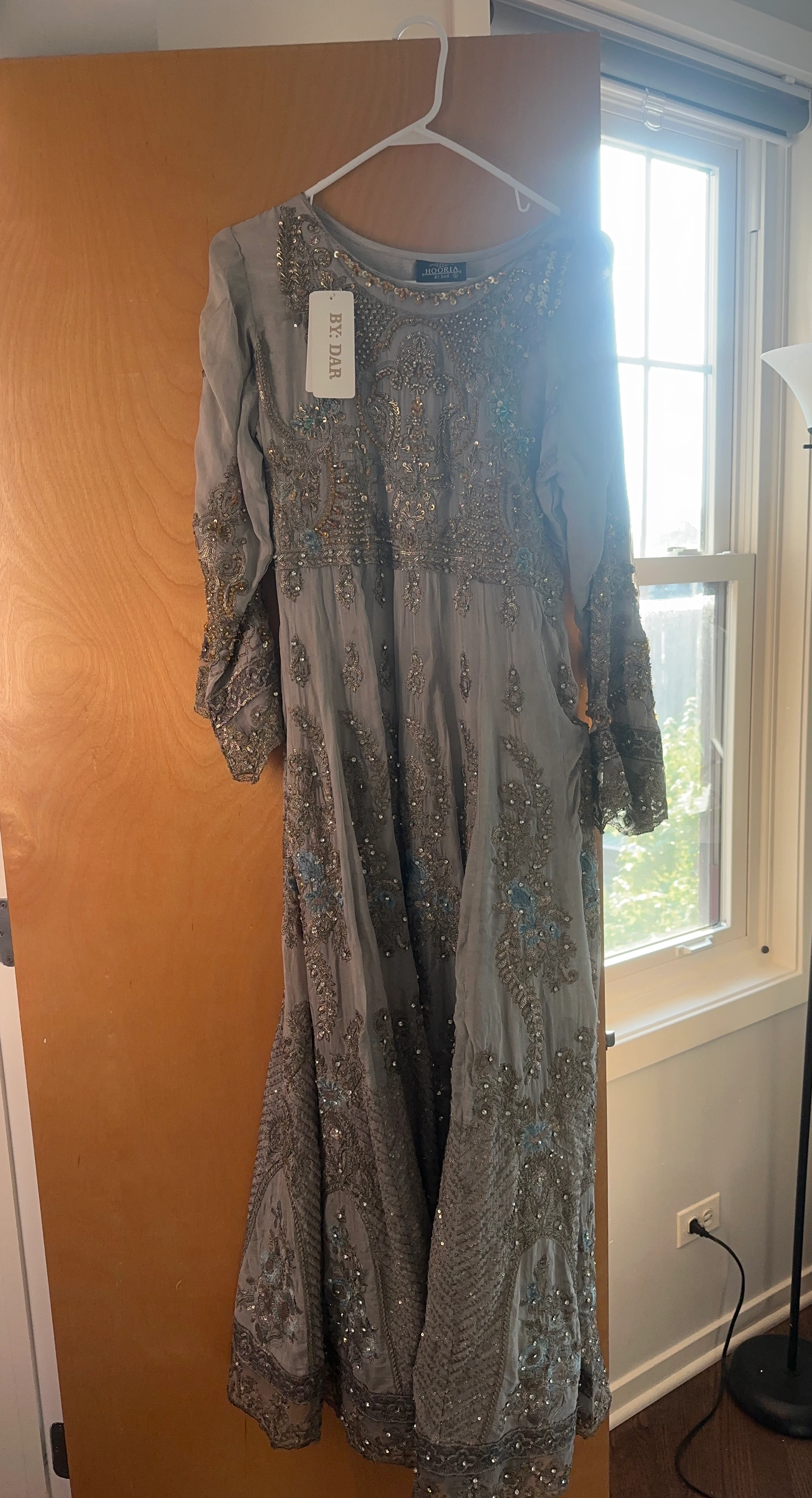 Hooria & Dar Embroidered Gray Maxi Dress