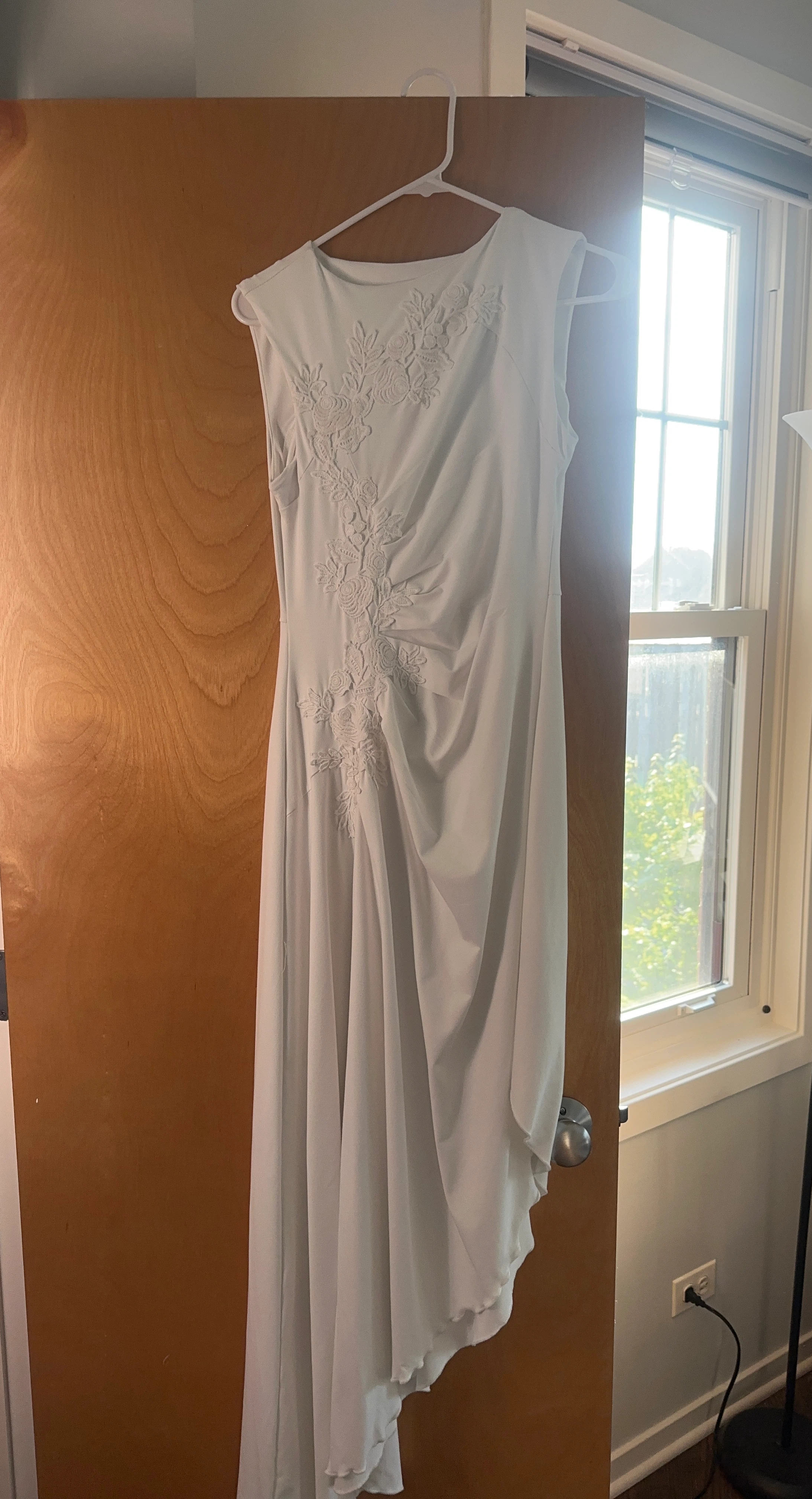 White Ruched Maxi Dress with Floral Embroidery