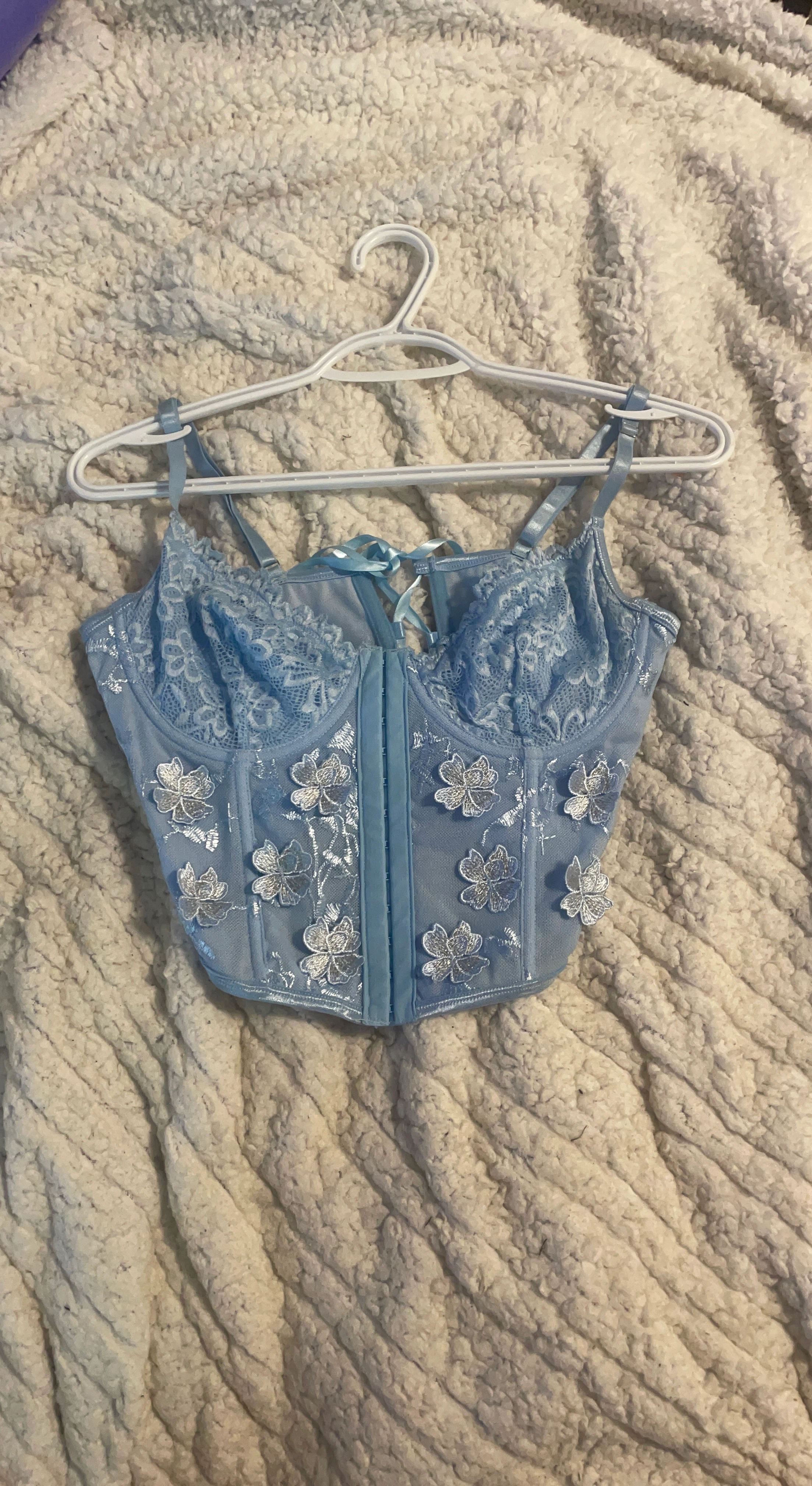 Light Blue Corset Top with Floral Embroidery