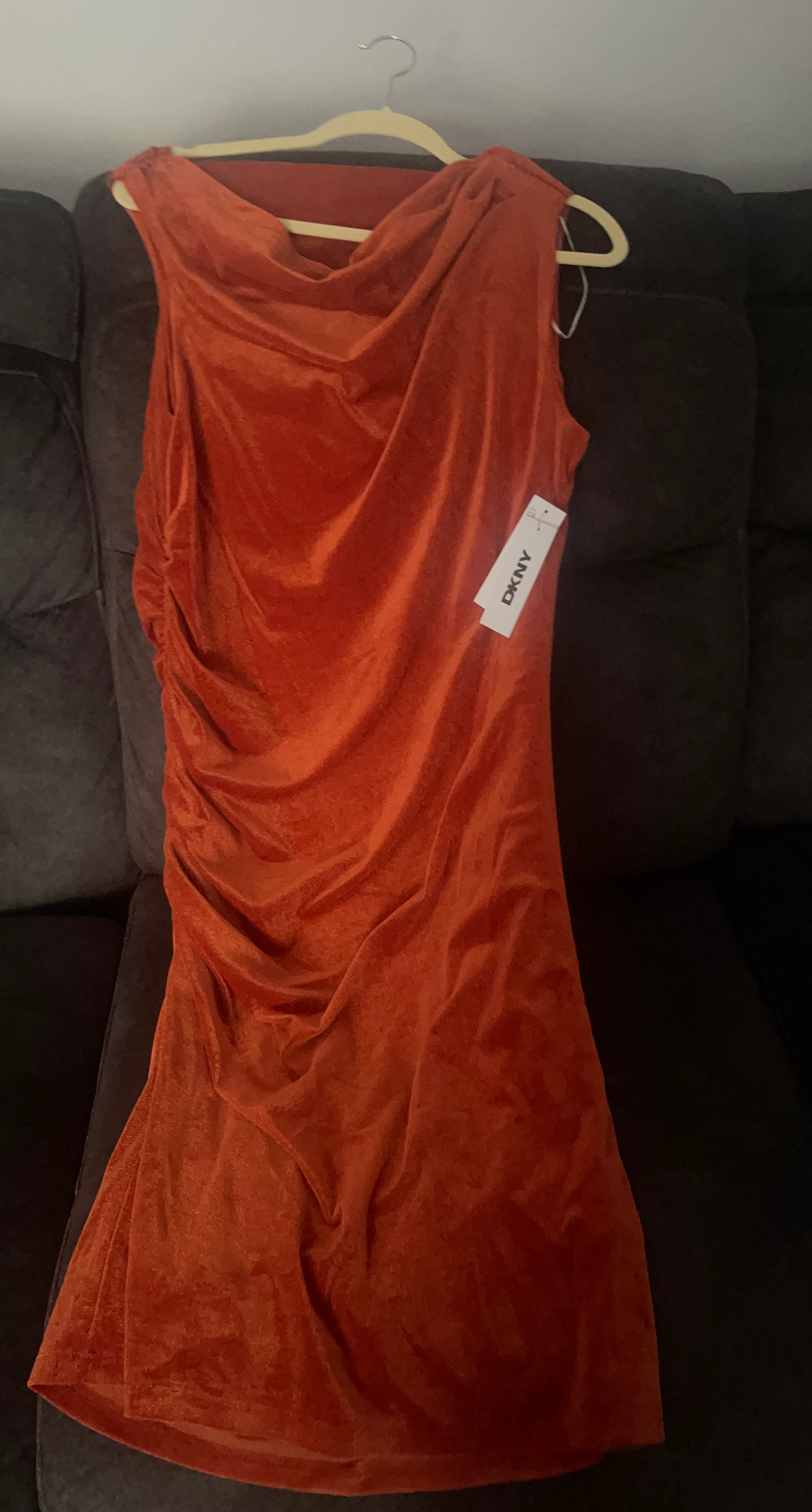 DKNY Orange Velvet Ruched Dress